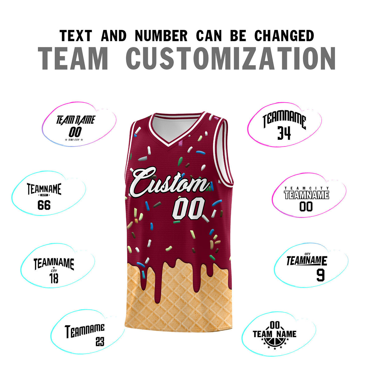 Custom Crimson Basketball Kits with Ice Cream Element Pattern