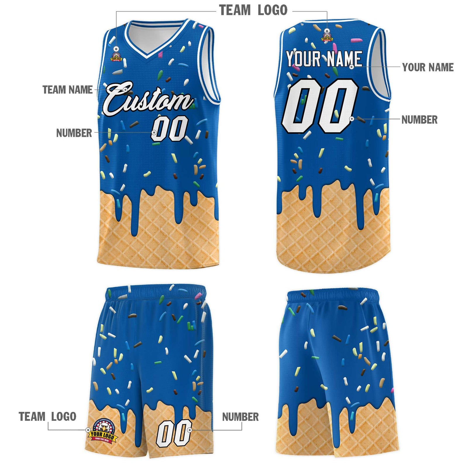 Custom Royal Basketball Kits with Ice Cream Element Pattern