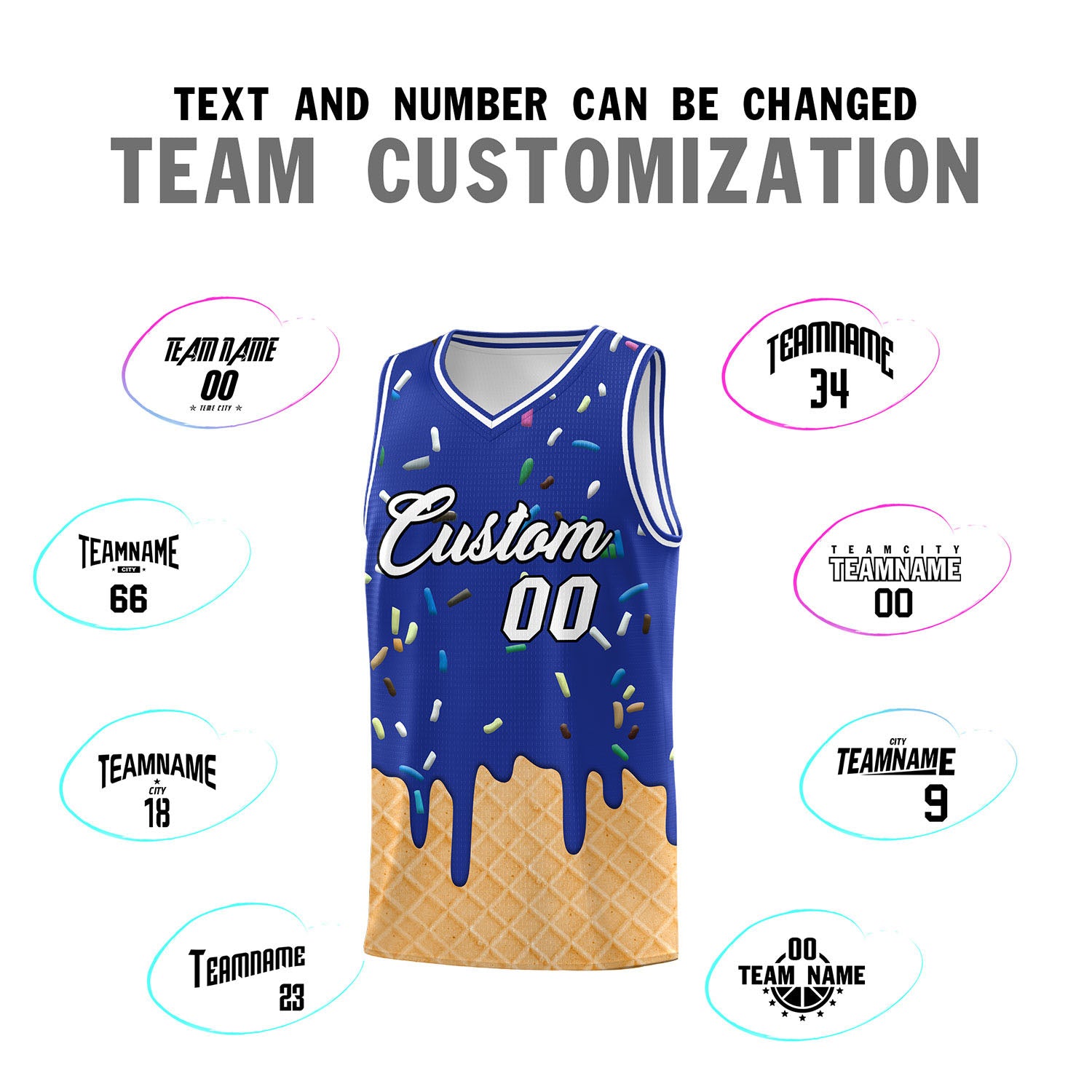 Custom Royal Blue Basketball Kits with Ice Cream Element Pattern