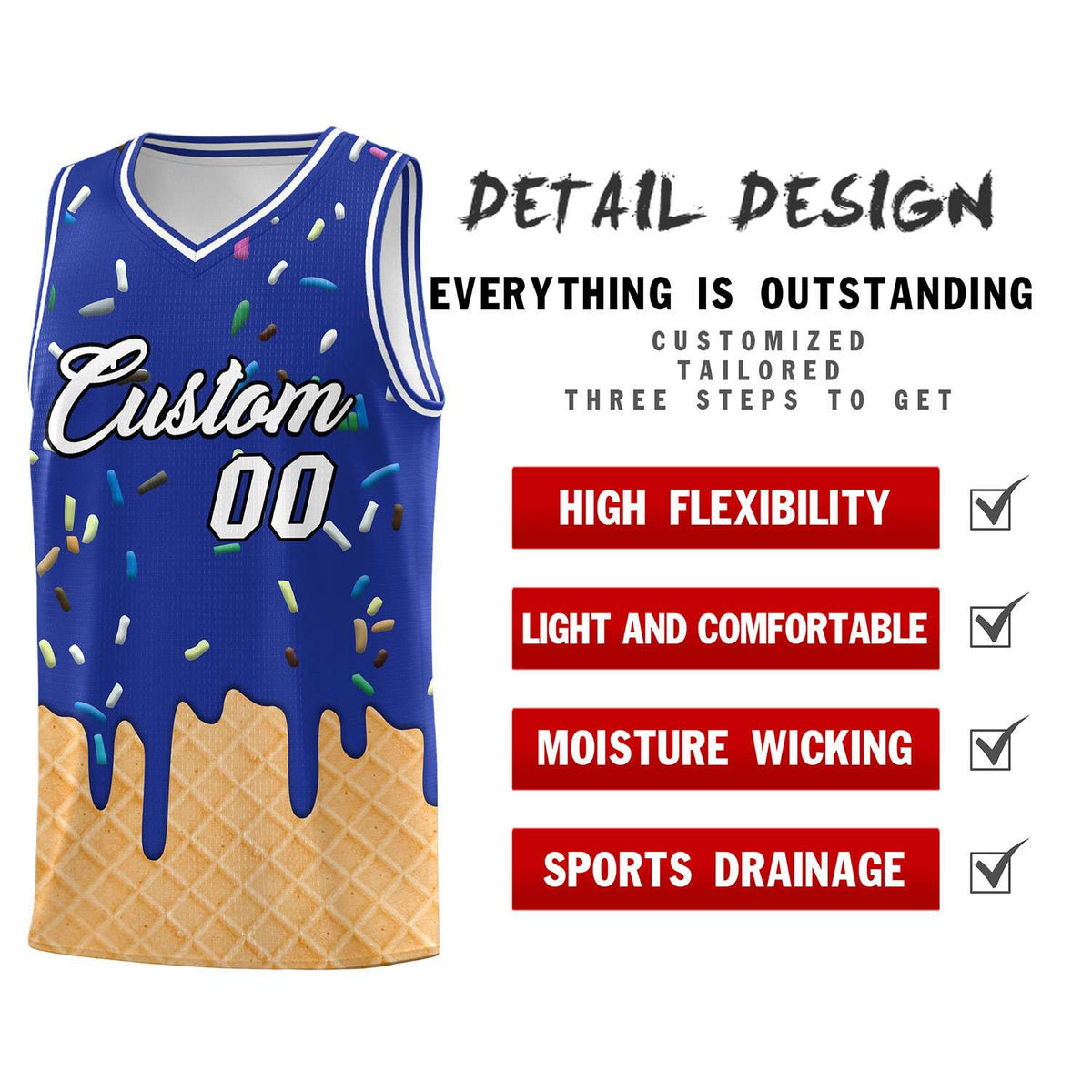 Custom Royal Blue Basketball Kits with Ice Cream Element Pattern