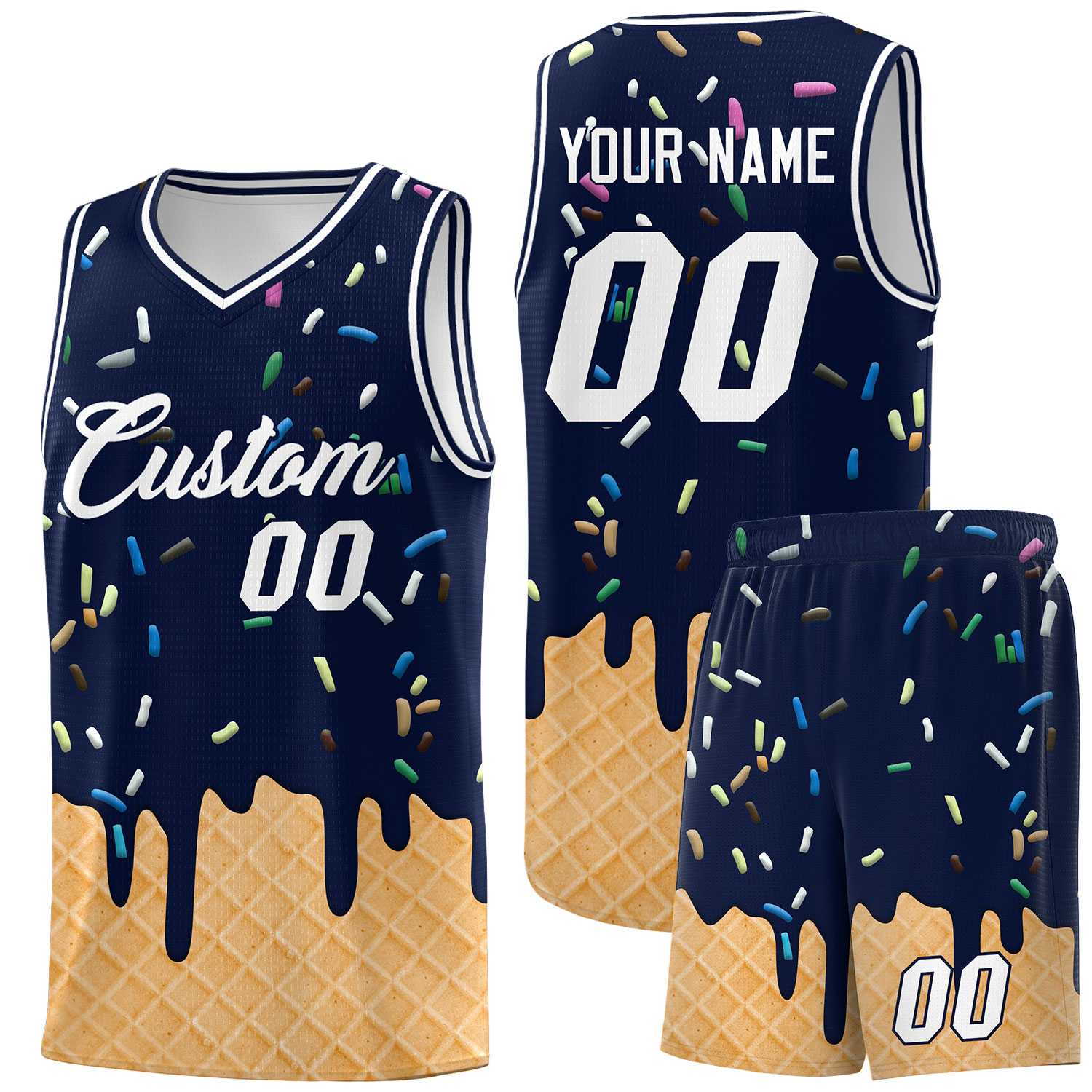 Custom Navy Basketball Kits with Ice Cream Element Pattern