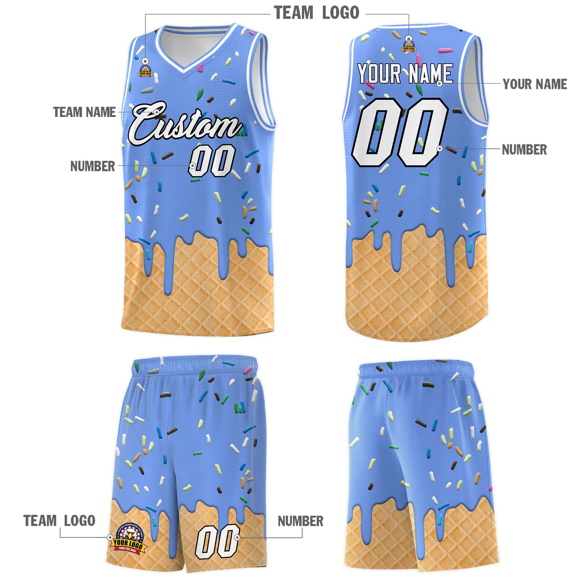 Custom Light Blue Basketball Kits with Ice Cream Element Pattern