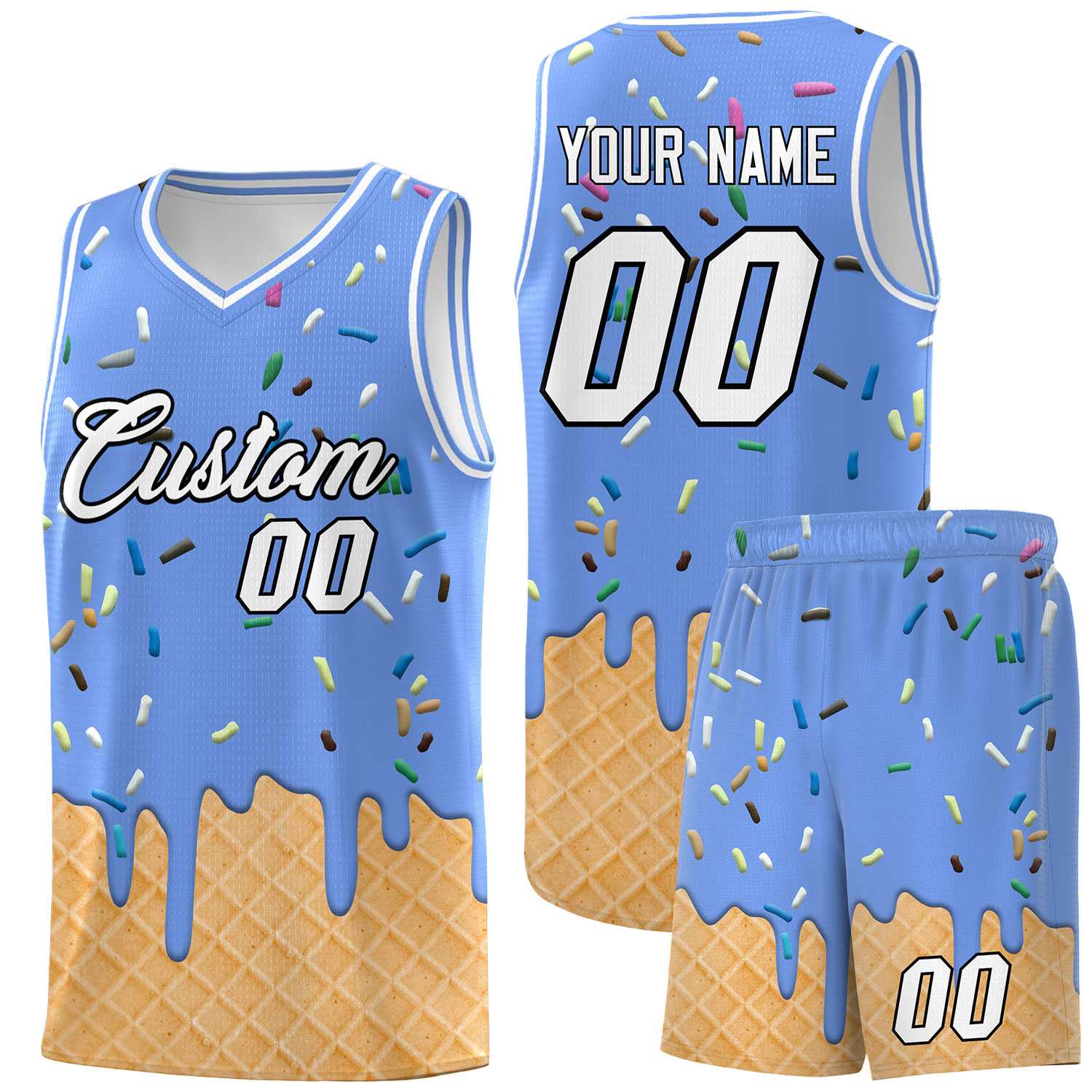 Custom Light Blue Basketball Kits with Ice Cream Element Pattern