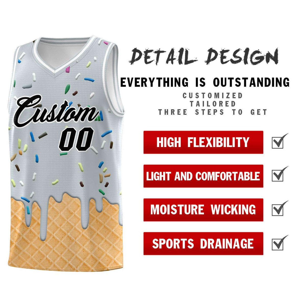 Custom Silver Basketball Kits with Ice Cream Element Pattern