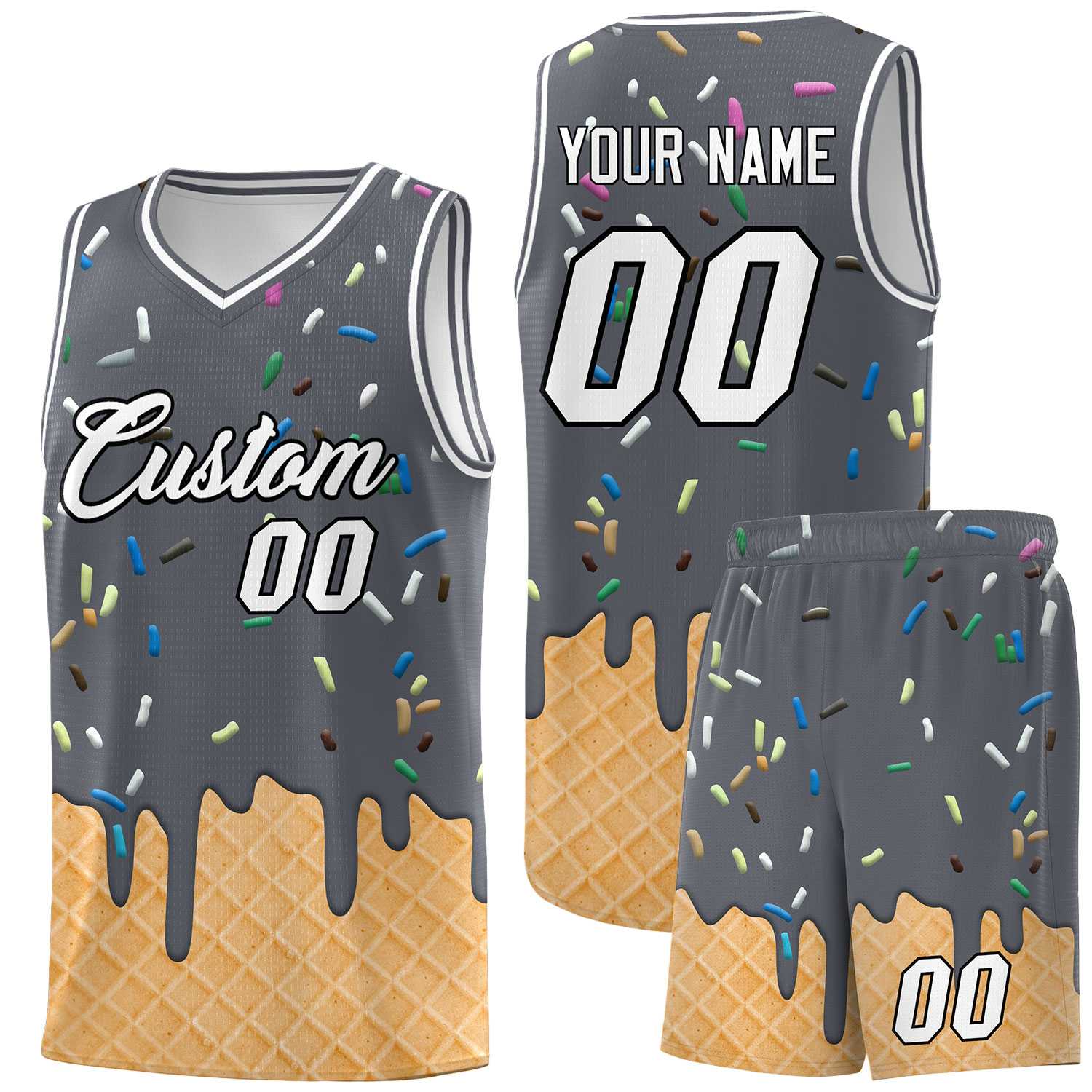 Custom Gray Basketball Kits with Ice Cream Element Pattern
