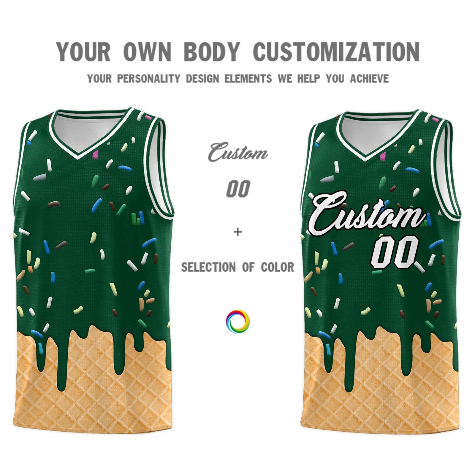 Custom Green Basketball Kits with Ice Cream Element Pattern