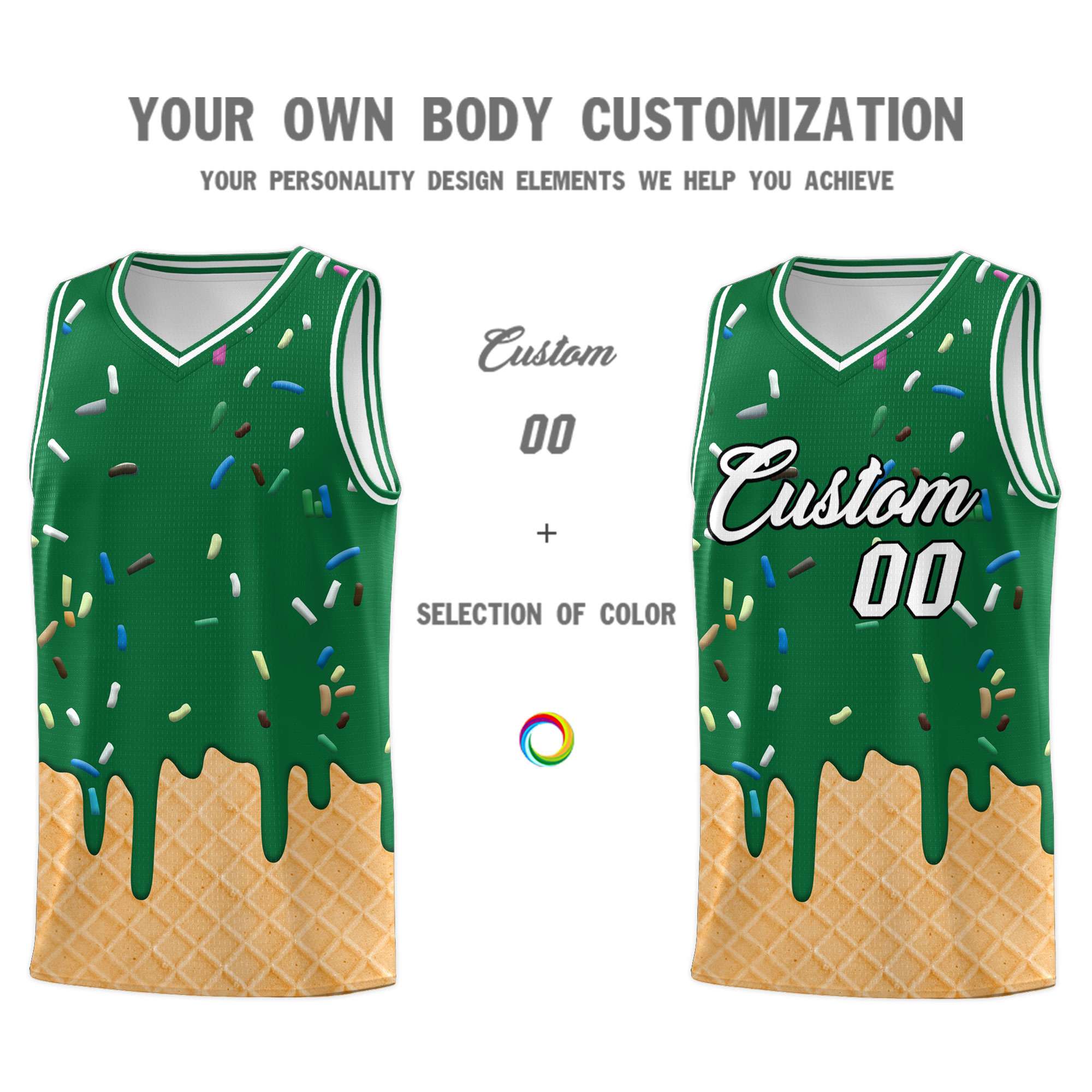 Custom Kelly Green Basketball Kits with Ice Cream Element Pattern