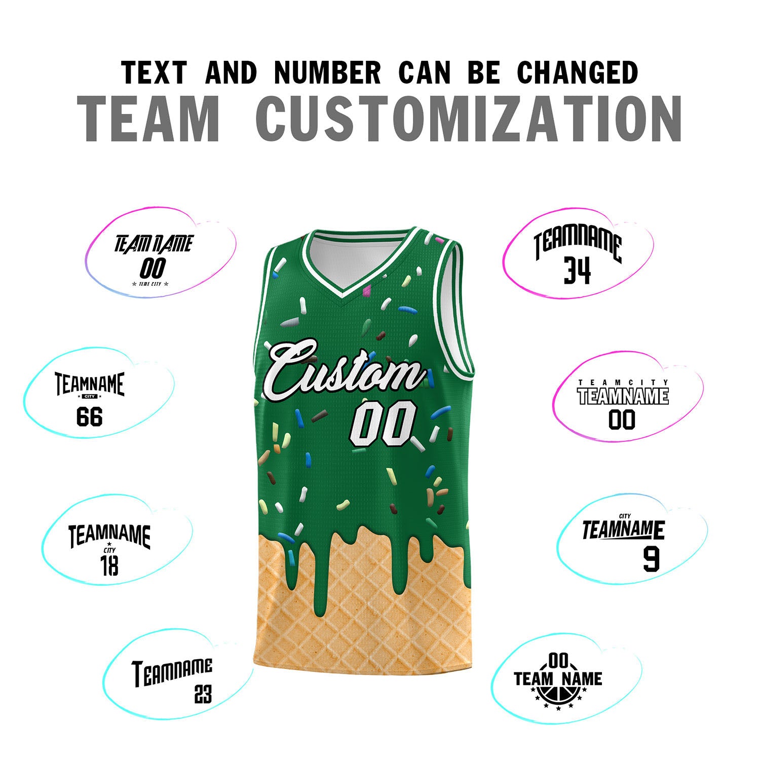 Custom Kelly Green Basketball Kits with Ice Cream Element Pattern