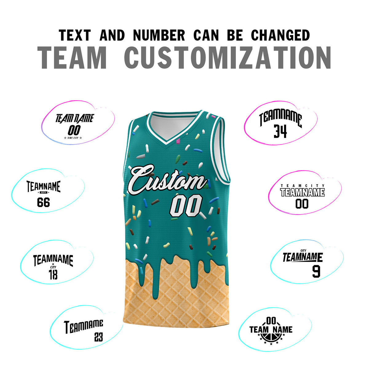 Custom Teal Basketball Kits with Ice Cream Element Pattern
