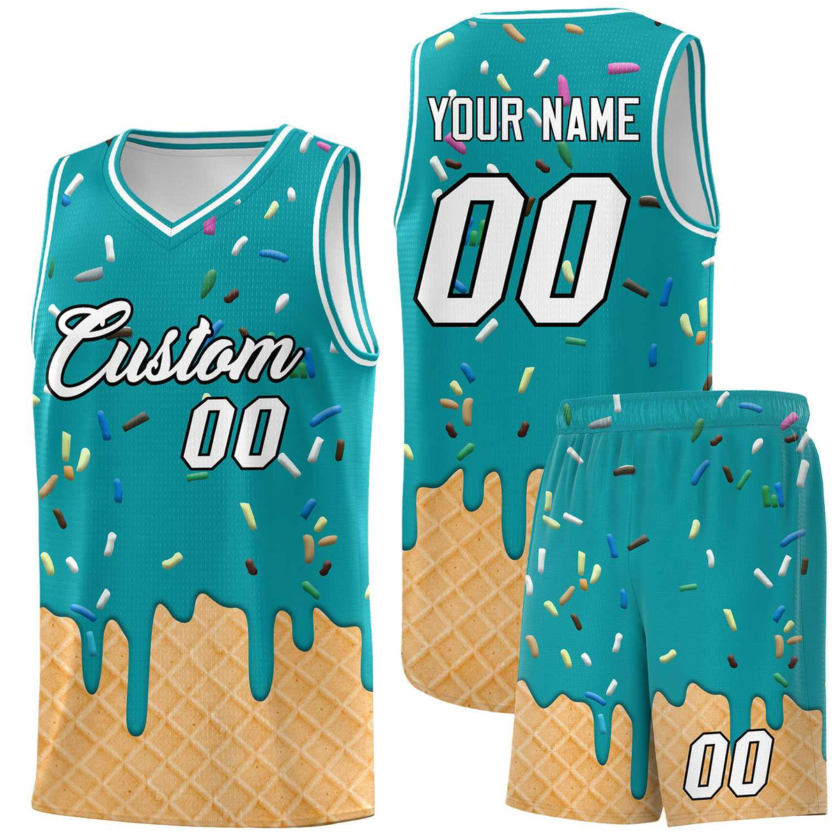 Custom Aqua Basketball Kits with Ice Cream Element Pattern
