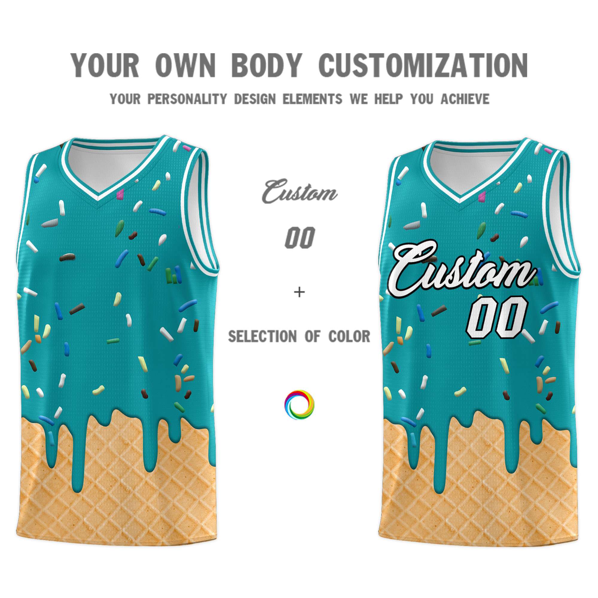 Custom Aqua Basketball Kits with Ice Cream Element Pattern
