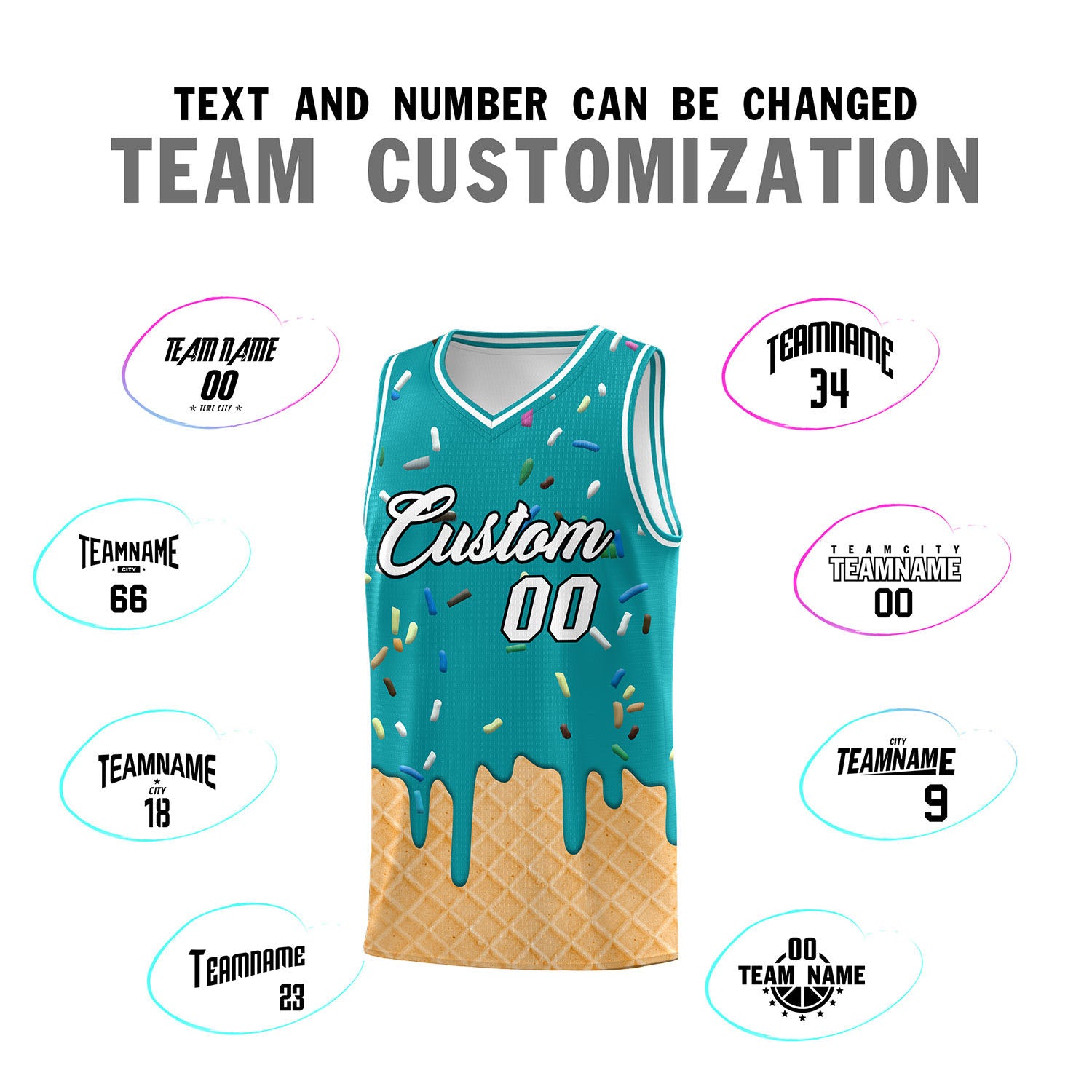 Custom Aqua Basketball Kits with Ice Cream Element Pattern