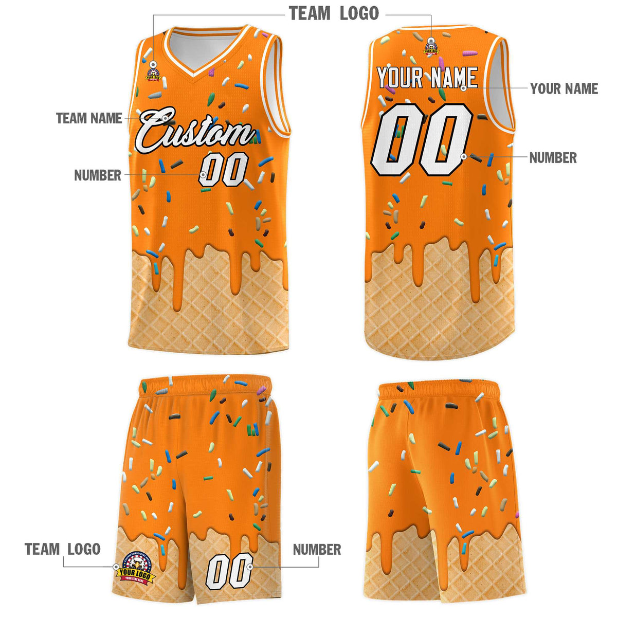 Custom Orange Basketball Kits with Ice Cream Element Pattern