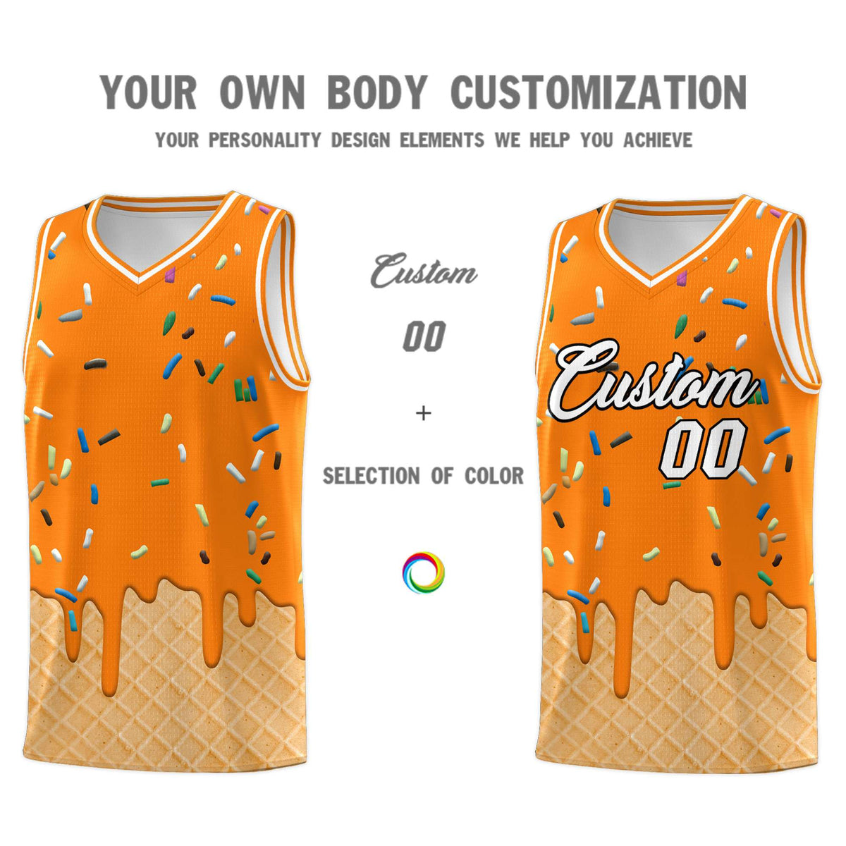 Custom Orange Basketball Kits with Ice Cream Element Pattern
