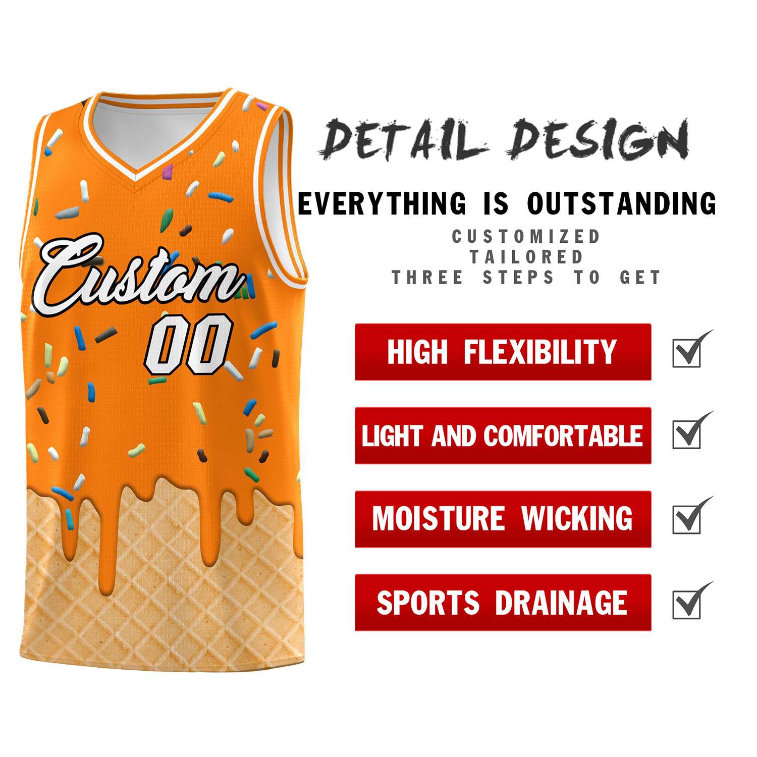 Custom Orange Basketball Kits with Ice Cream Element Pattern