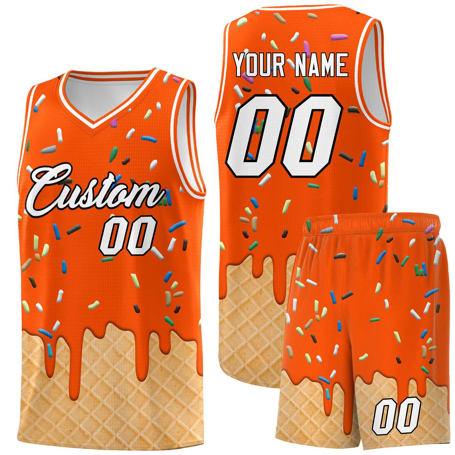 Custom Orange Basketball Kits with Ice Cream Element Pattern