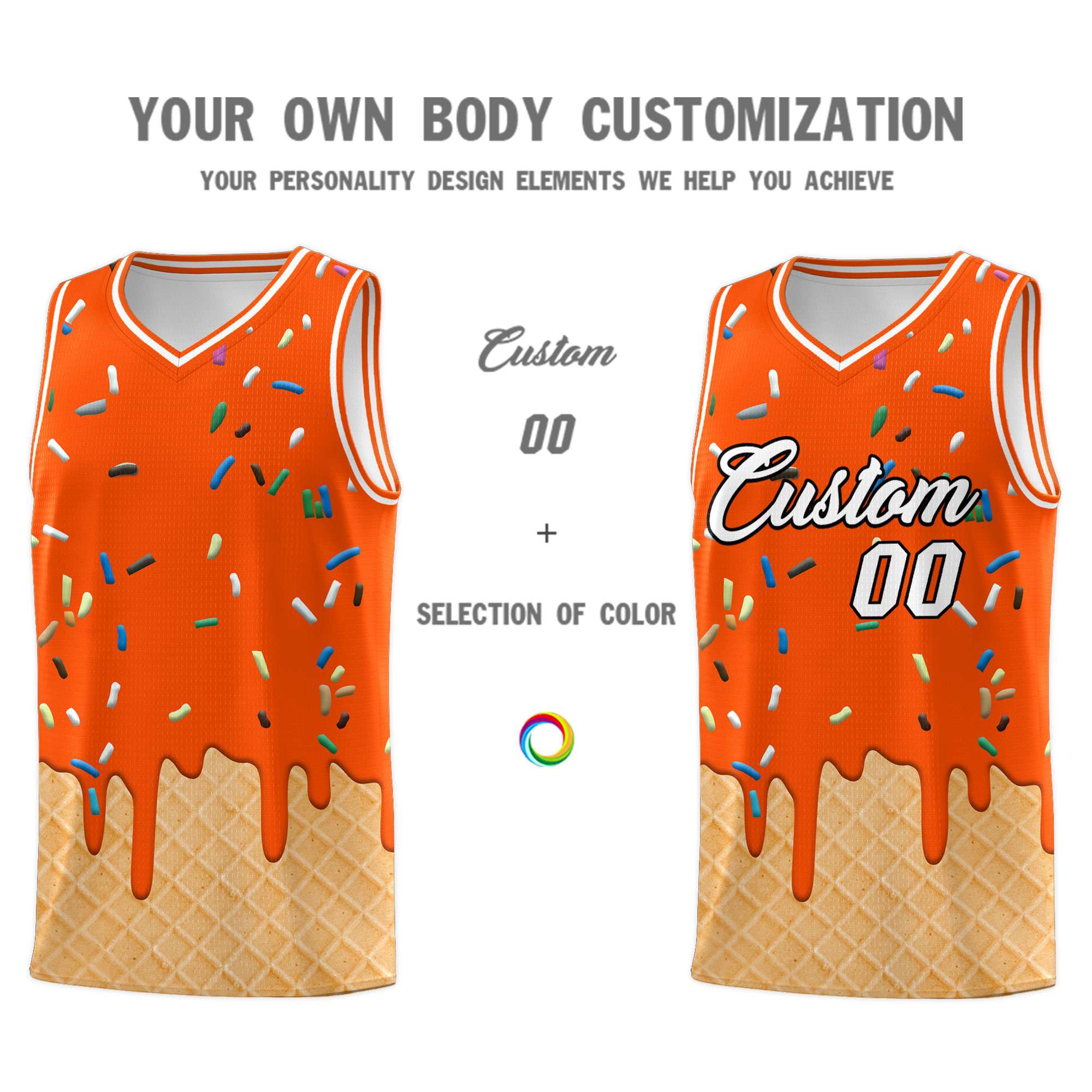 Custom Orange Basketball Kits with Ice Cream Element Pattern