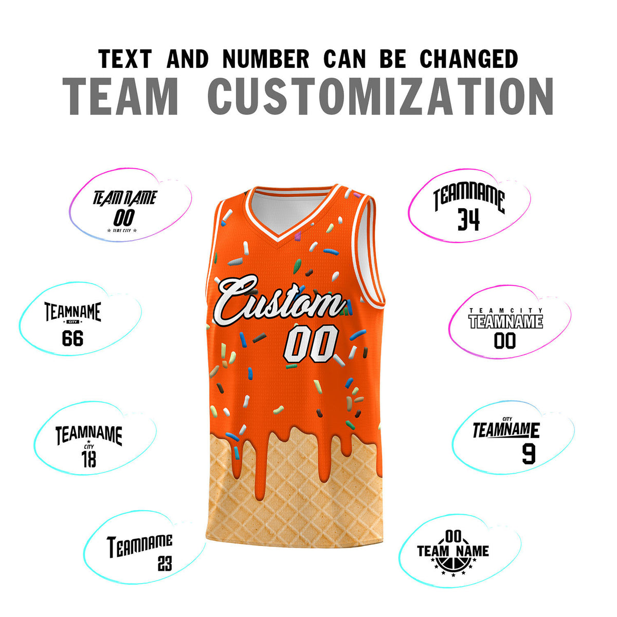 Custom Orange Basketball Kits with Ice Cream Element Pattern