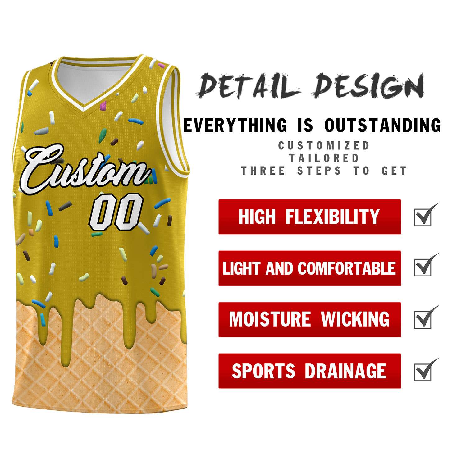 Custom Old Gold Basketball Kits with Ice Cream Element Pattern