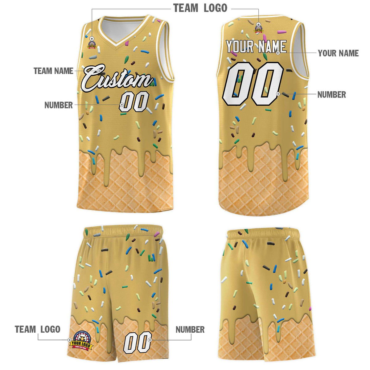 Custom Old Gold Basketball Kits with Ice Cream Element Pattern