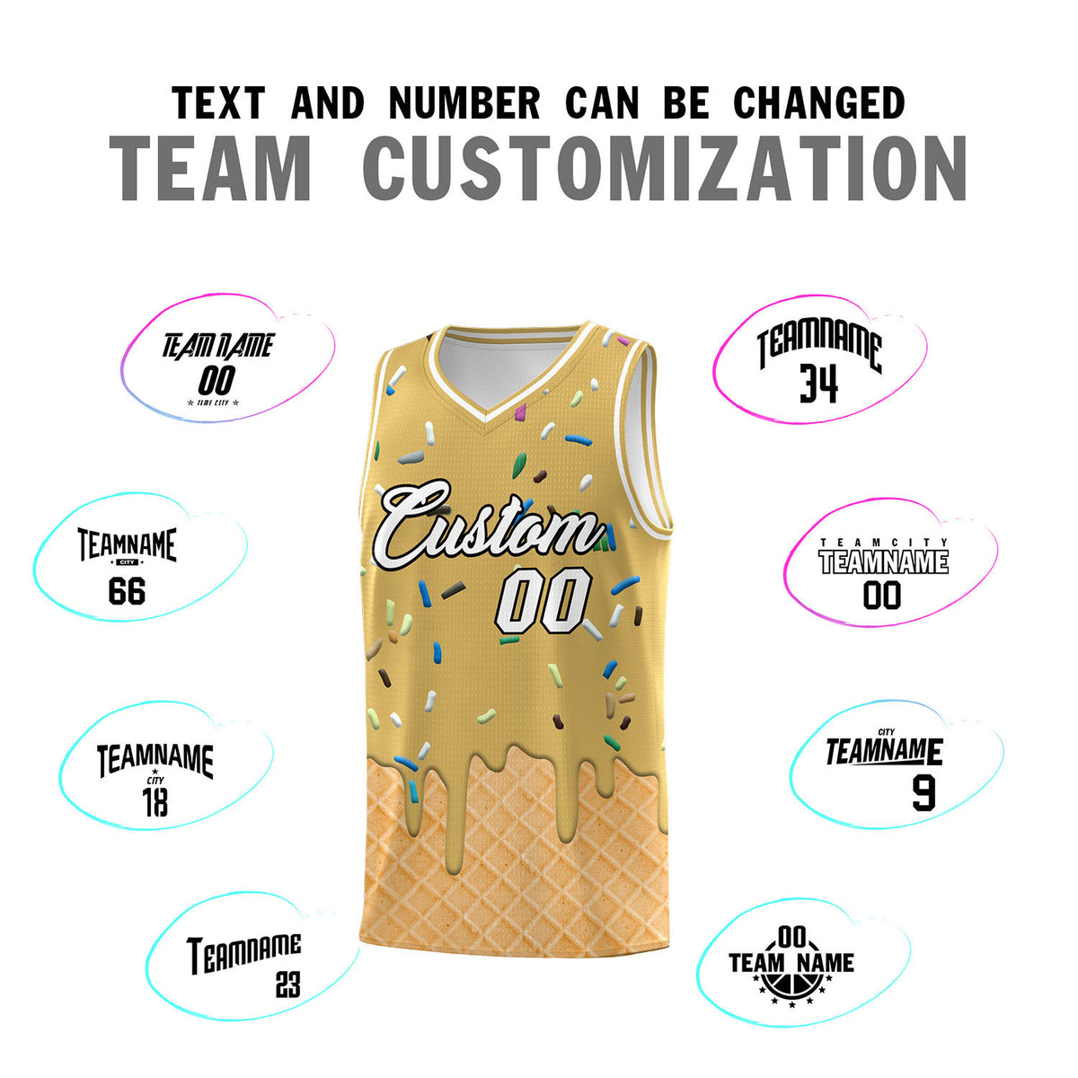 Custom Old Gold Basketball Kits with Ice Cream Element Pattern