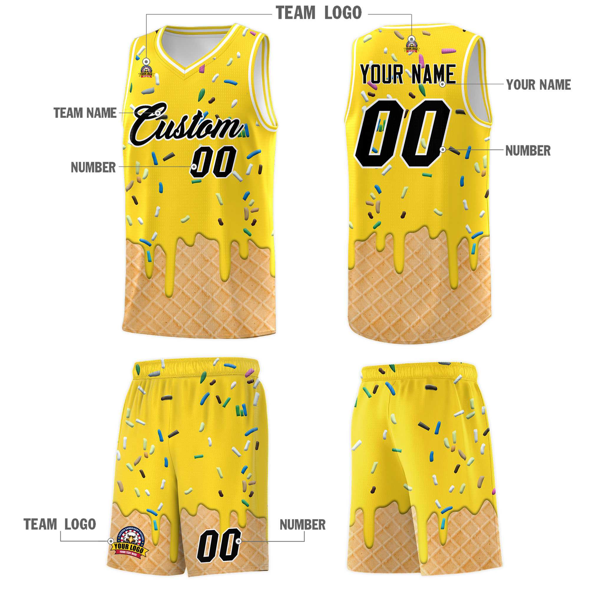Custom Gold Basketball Kits with Ice Cream Element Pattern