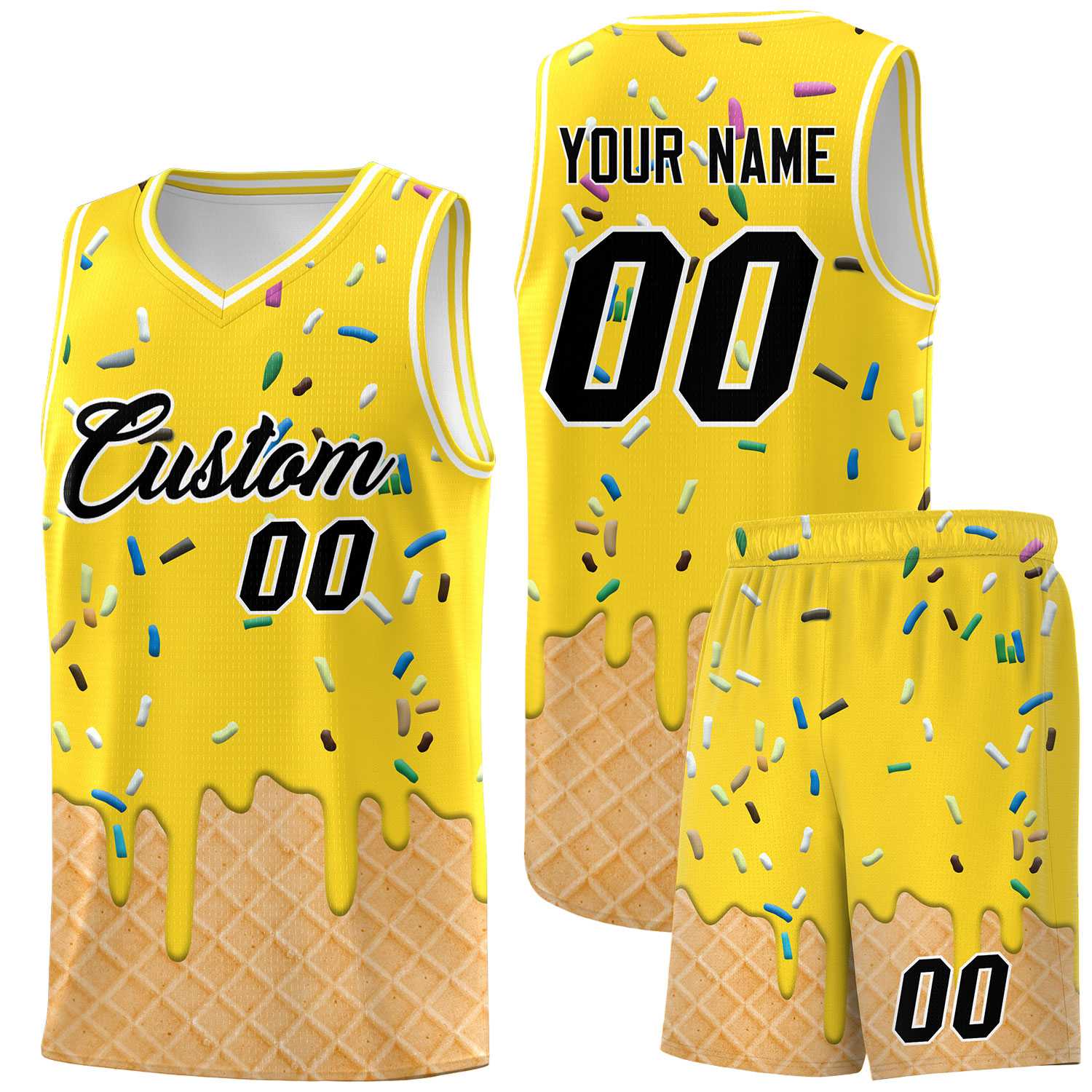 Custom Gold Basketball Kits with Ice Cream Element Pattern