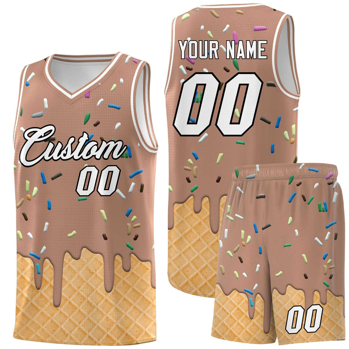 Custom Coffee Basketball Kits with Ice Cream Element Pattern