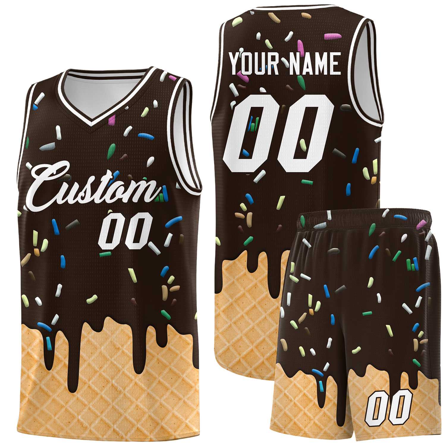 Custom Brown Basketball Kits with Ice Cream Element Pattern