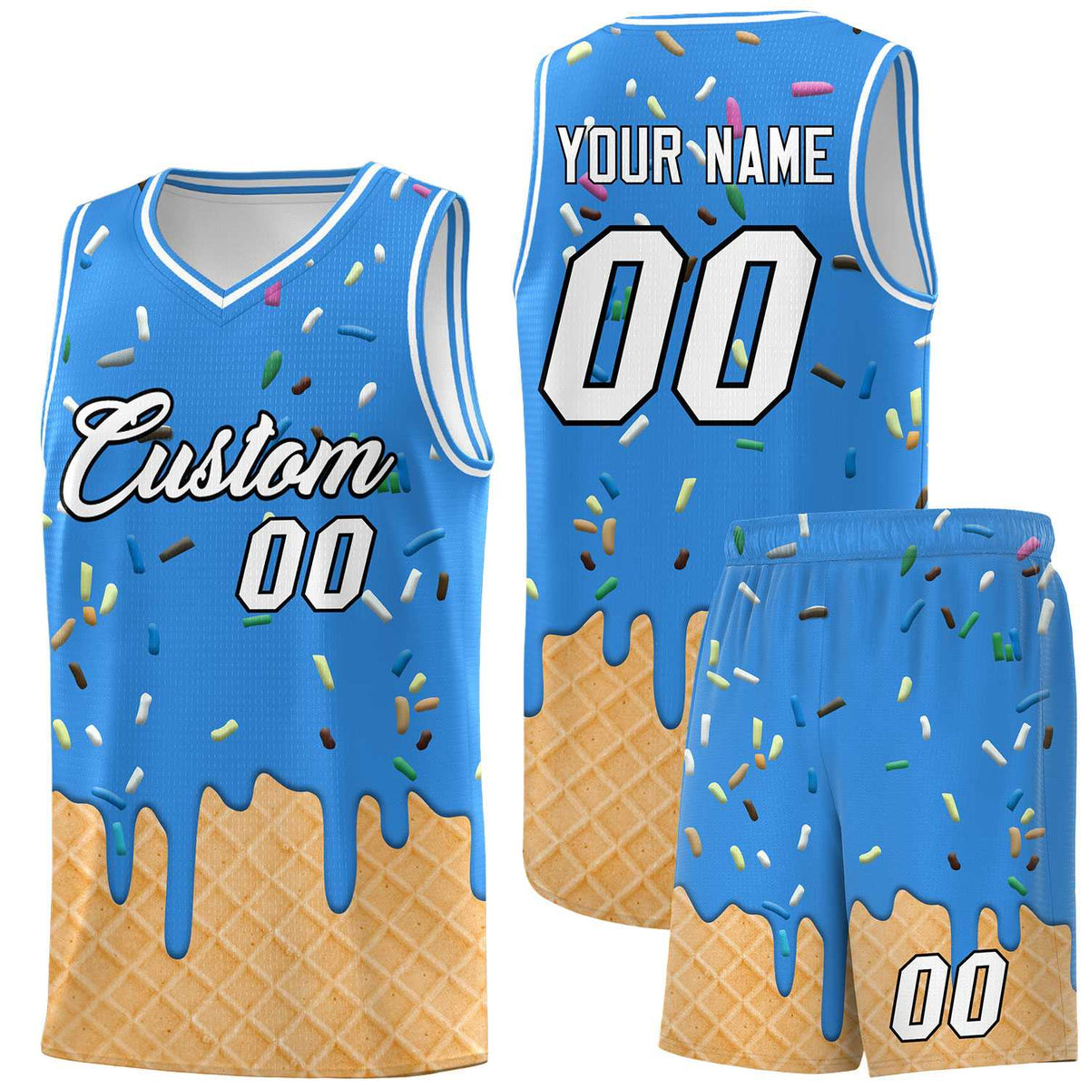 Custom Light Blue Basketball Kits with Ice Cream Element Pattern