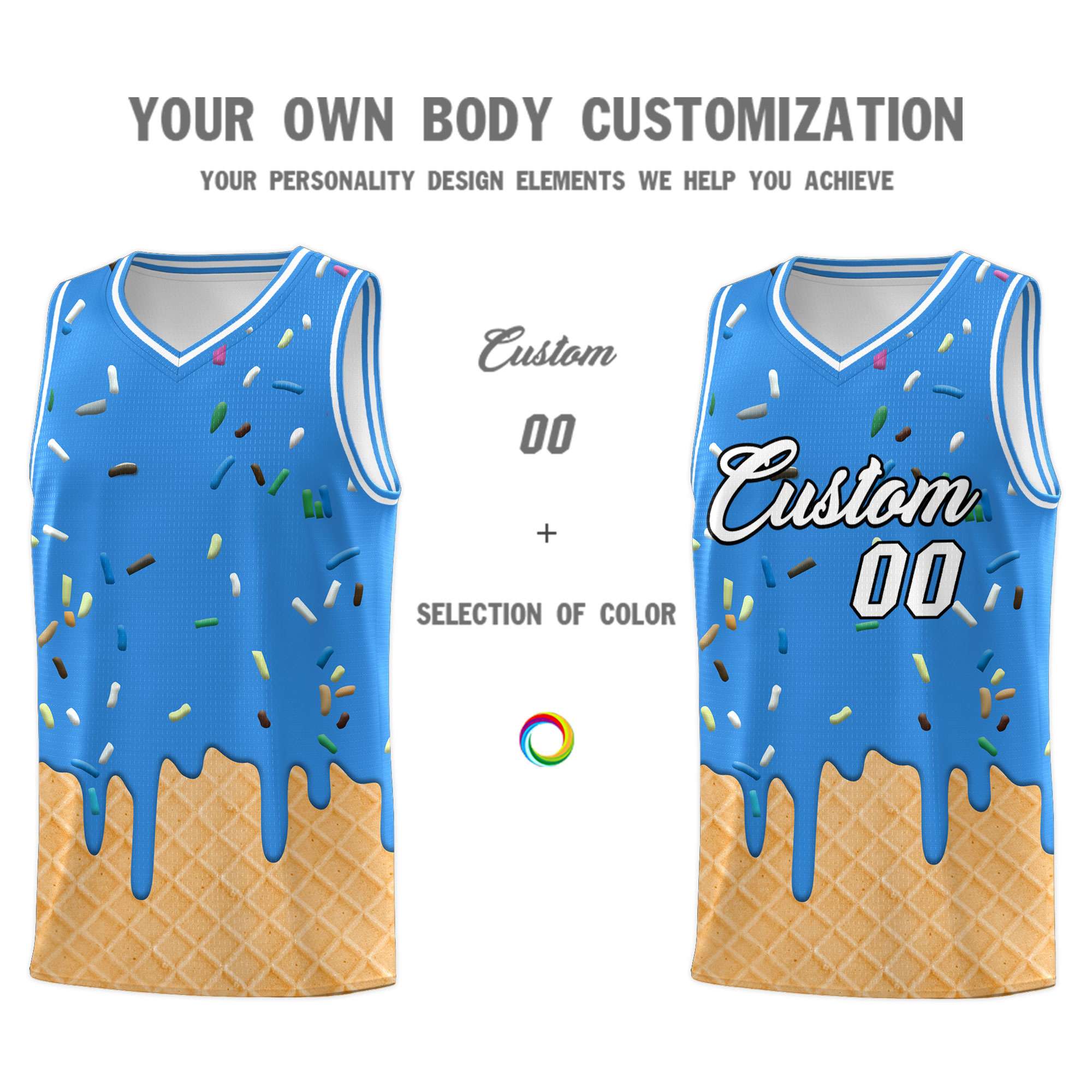 Custom Light Blue Basketball Kits with Ice Cream Element Pattern