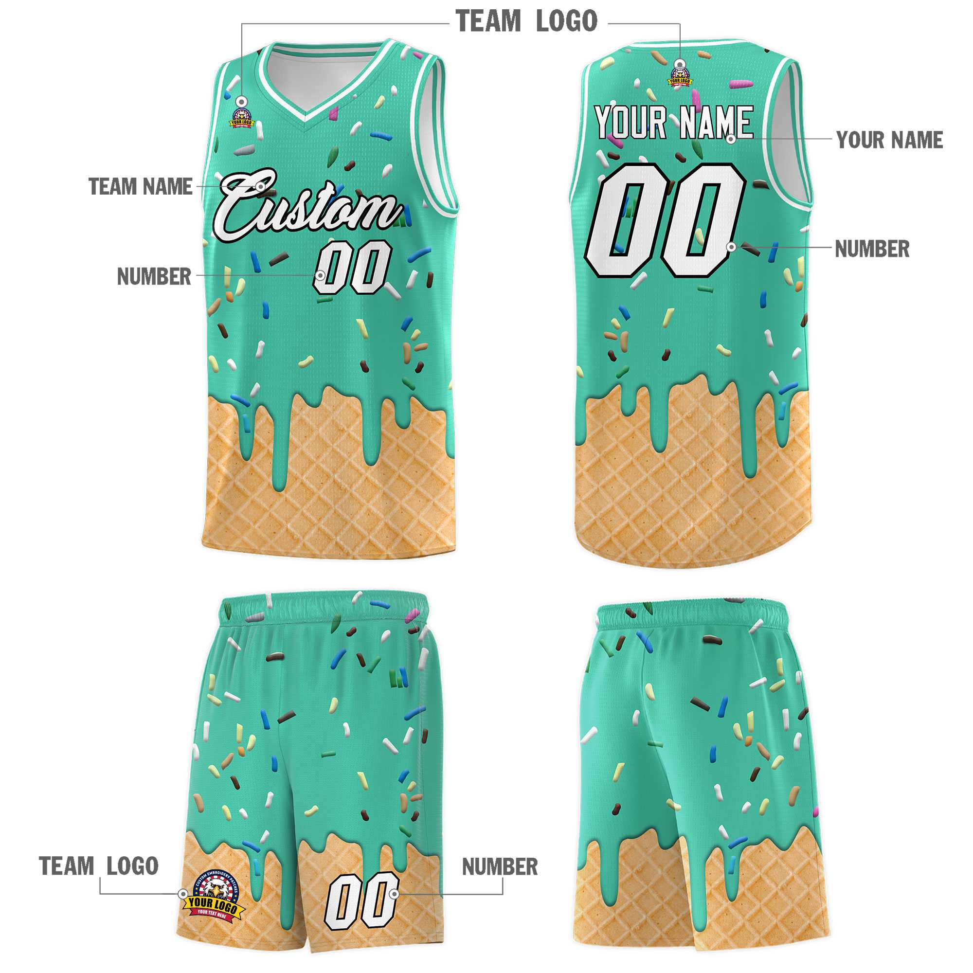 Custom Olive Basketball Kits with Ice Cream Element Pattern