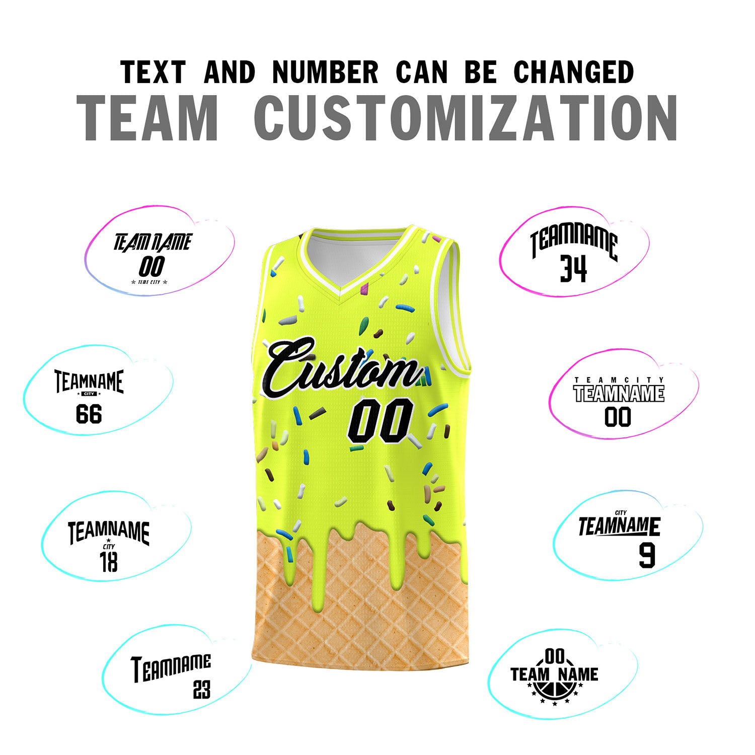 Custom Fluorescent Green Basketball Kits with Ice Cream Element Pattern