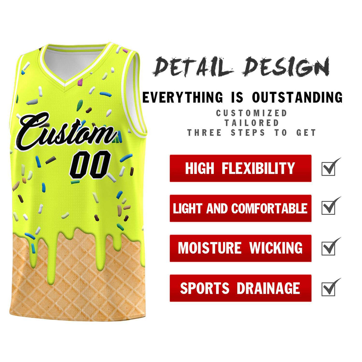 Custom Fluorescent Green Basketball Kits with Ice Cream Element Pattern