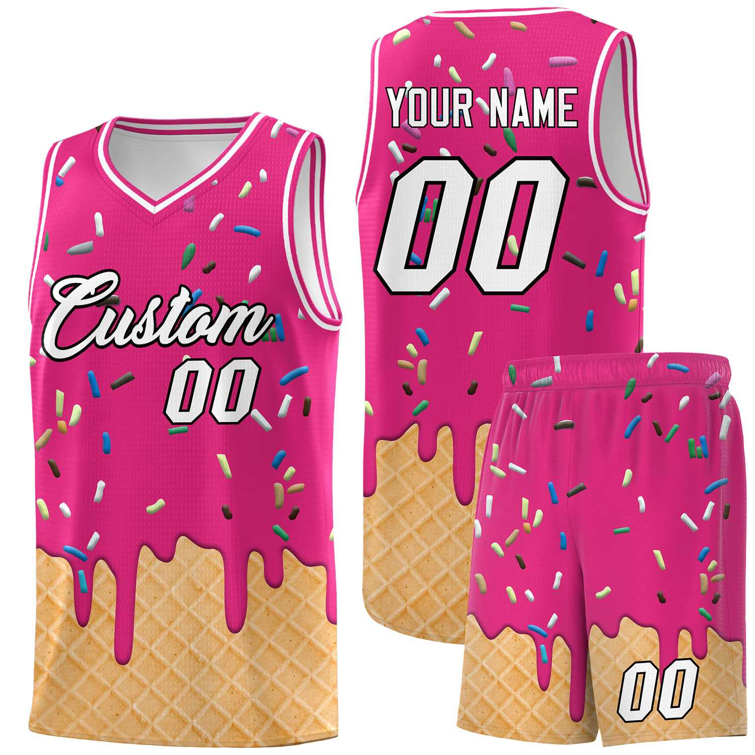 Custom Rose Red Basketball Kits with Ice Cream Element Pattern