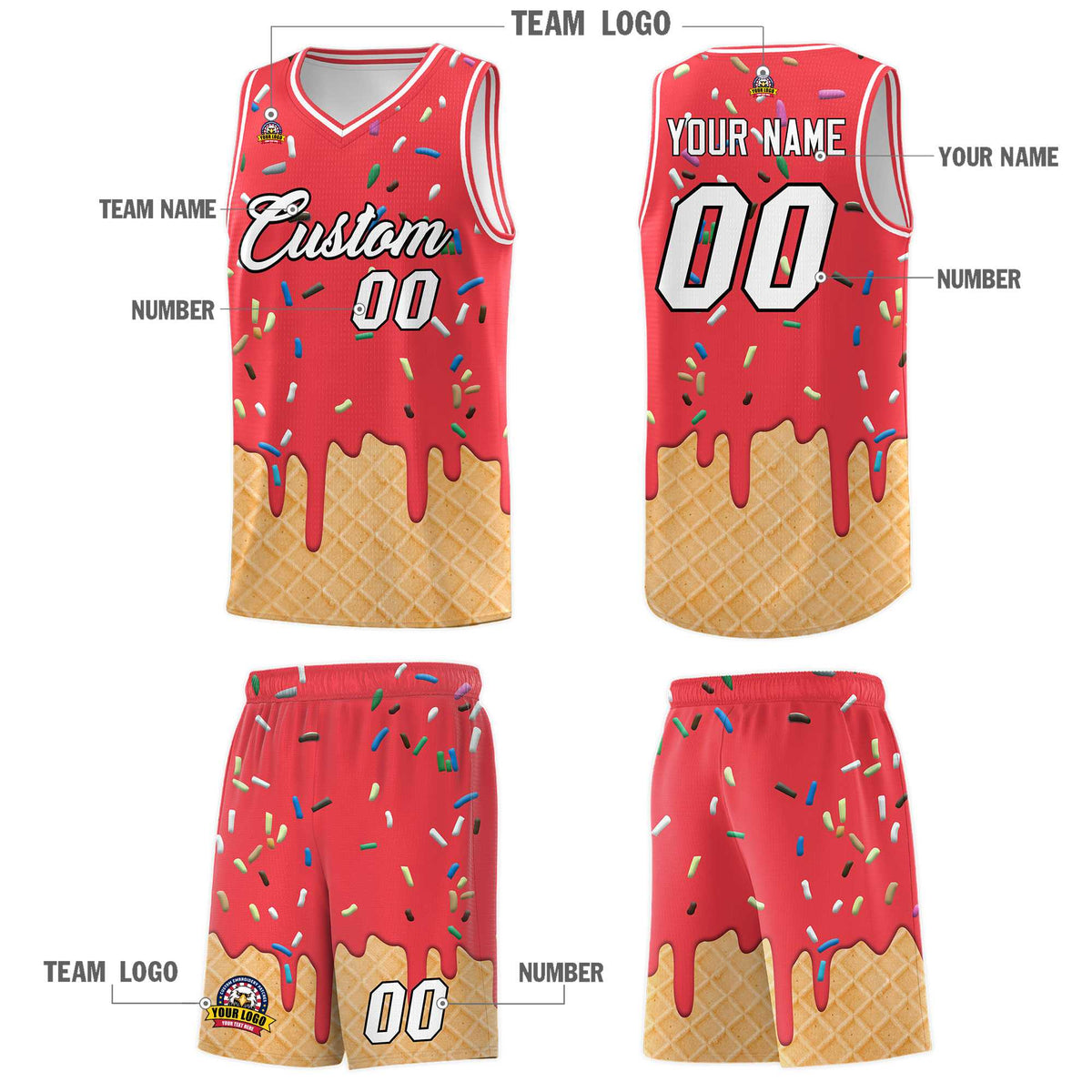 Custom Light Red Basketball Kits with Ice Cream Element Pattern