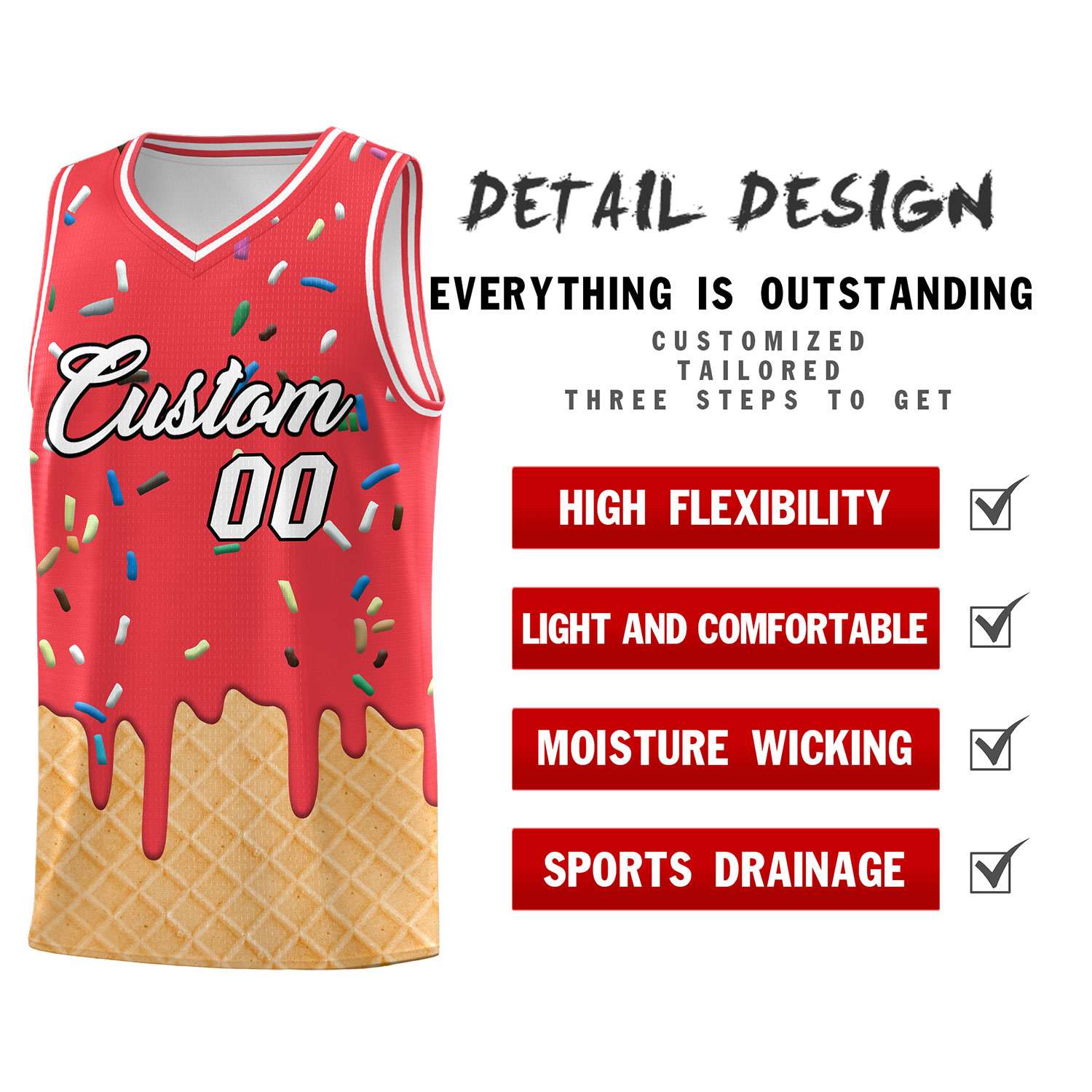 Custom Light Red Basketball Kits with Ice Cream Element Pattern