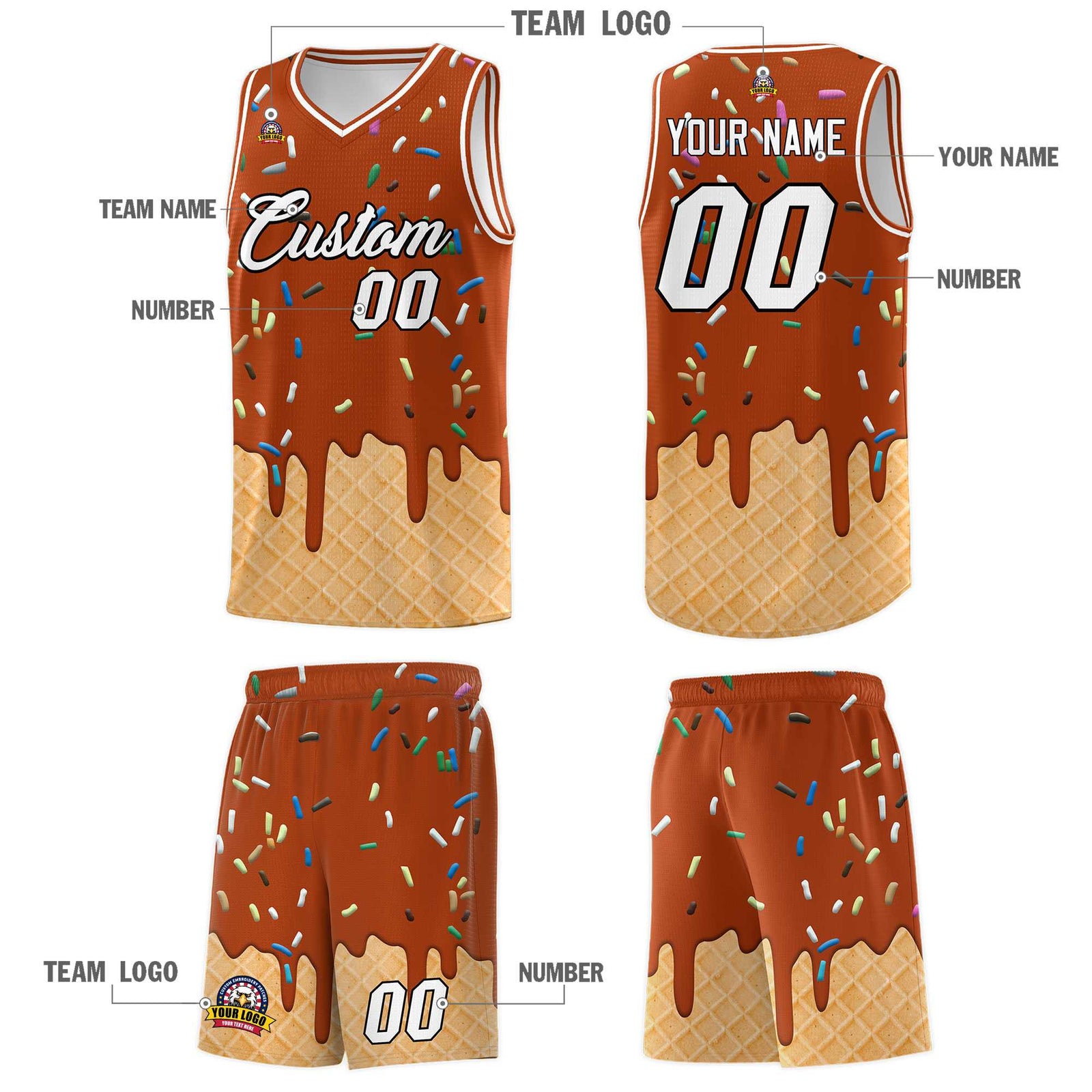 Custom Dark Orange Basketball Kits with Ice Cream Element Pattern