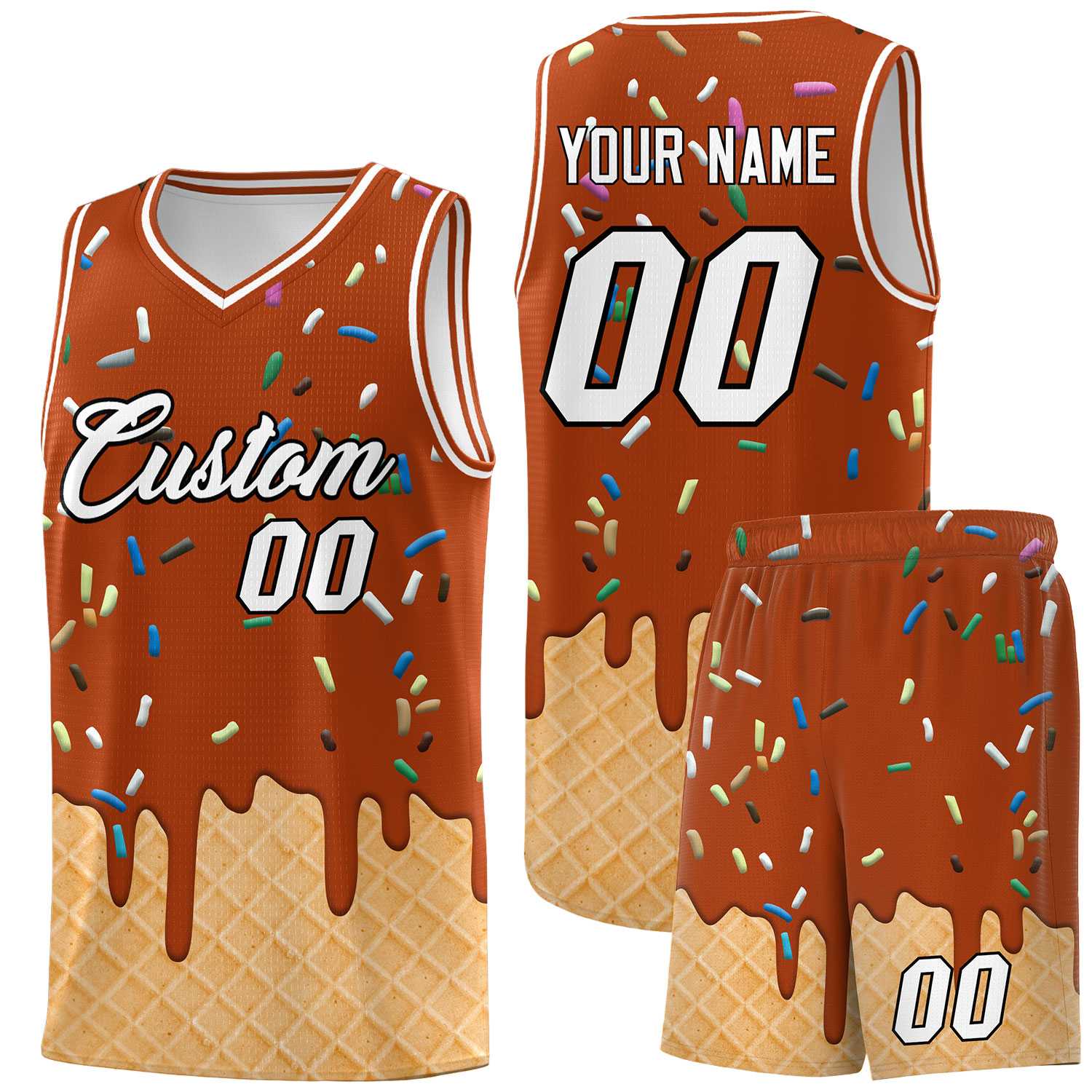 Custom Dark Orange Basketball Kits with Ice Cream Element Pattern