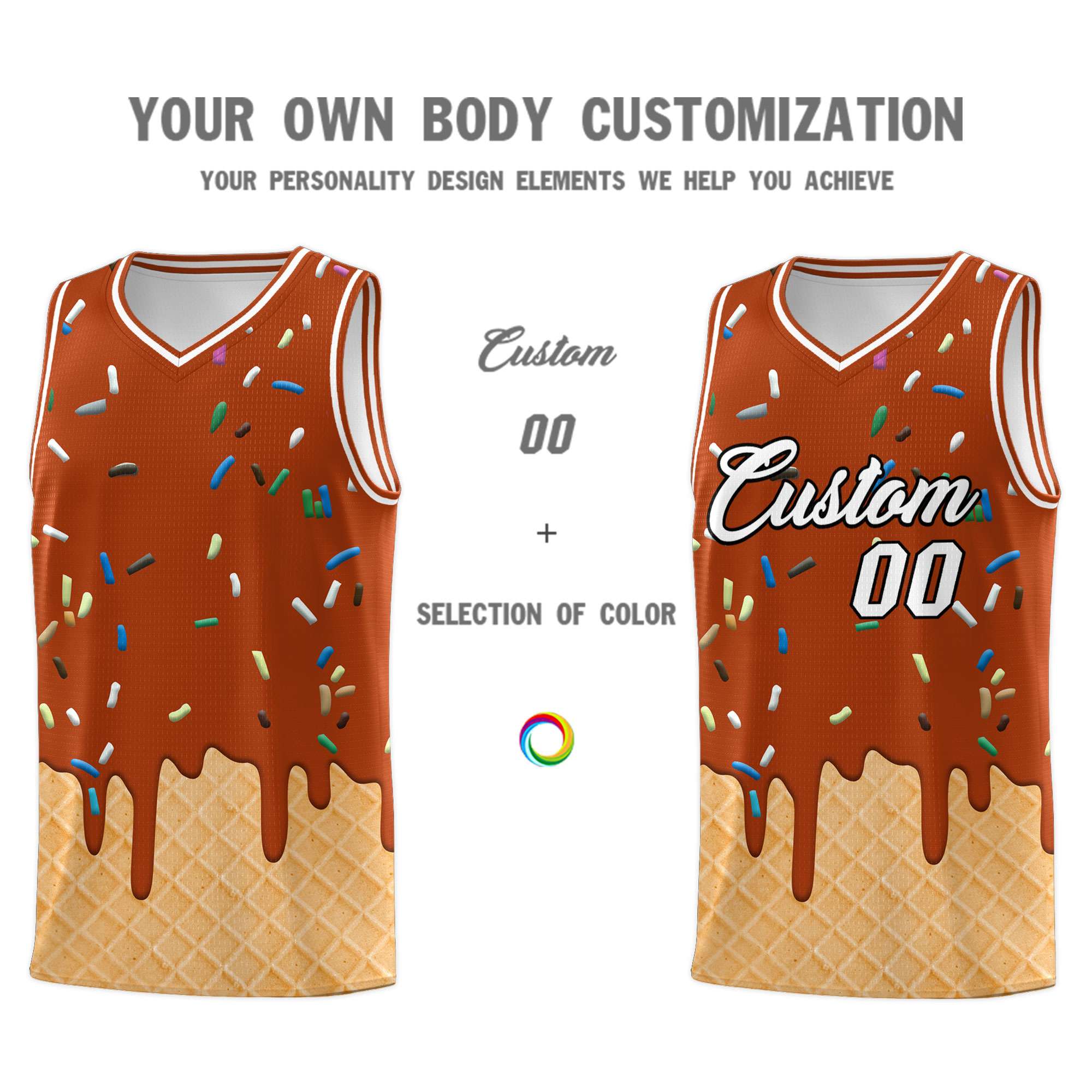 Custom Dark Orange Basketball Kits with Ice Cream Element Pattern