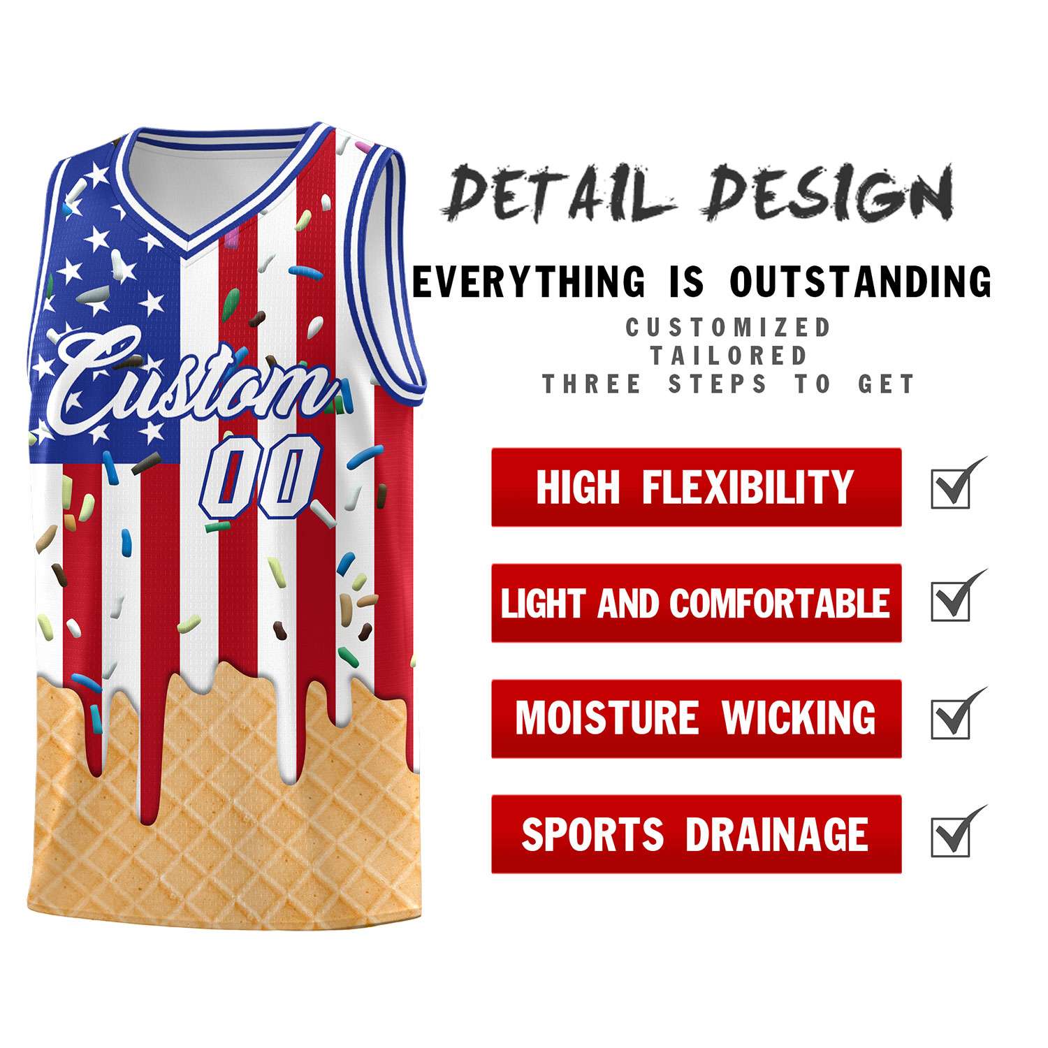 Custom American Flag Basketball Kits with Ice Cream Element Pattern