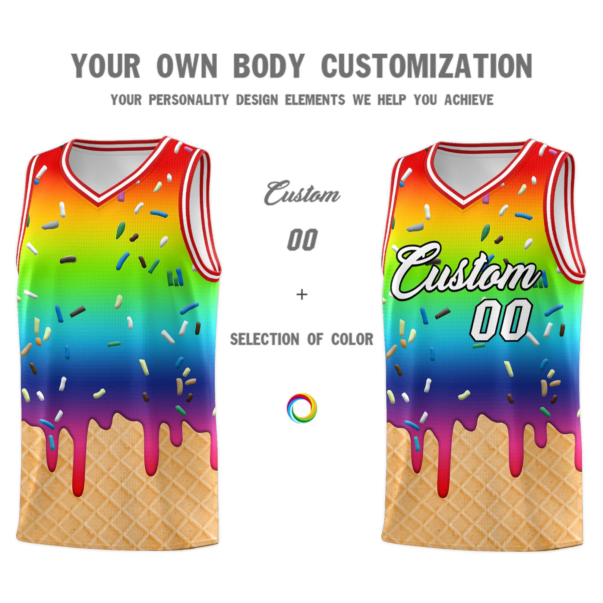 Custom Rainbow Basketball Kits with Ice Cream Element Pattern
