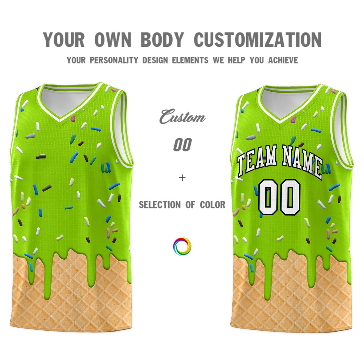 Custom Neon Green Basketball Kits with Ice Cream Element Pattern