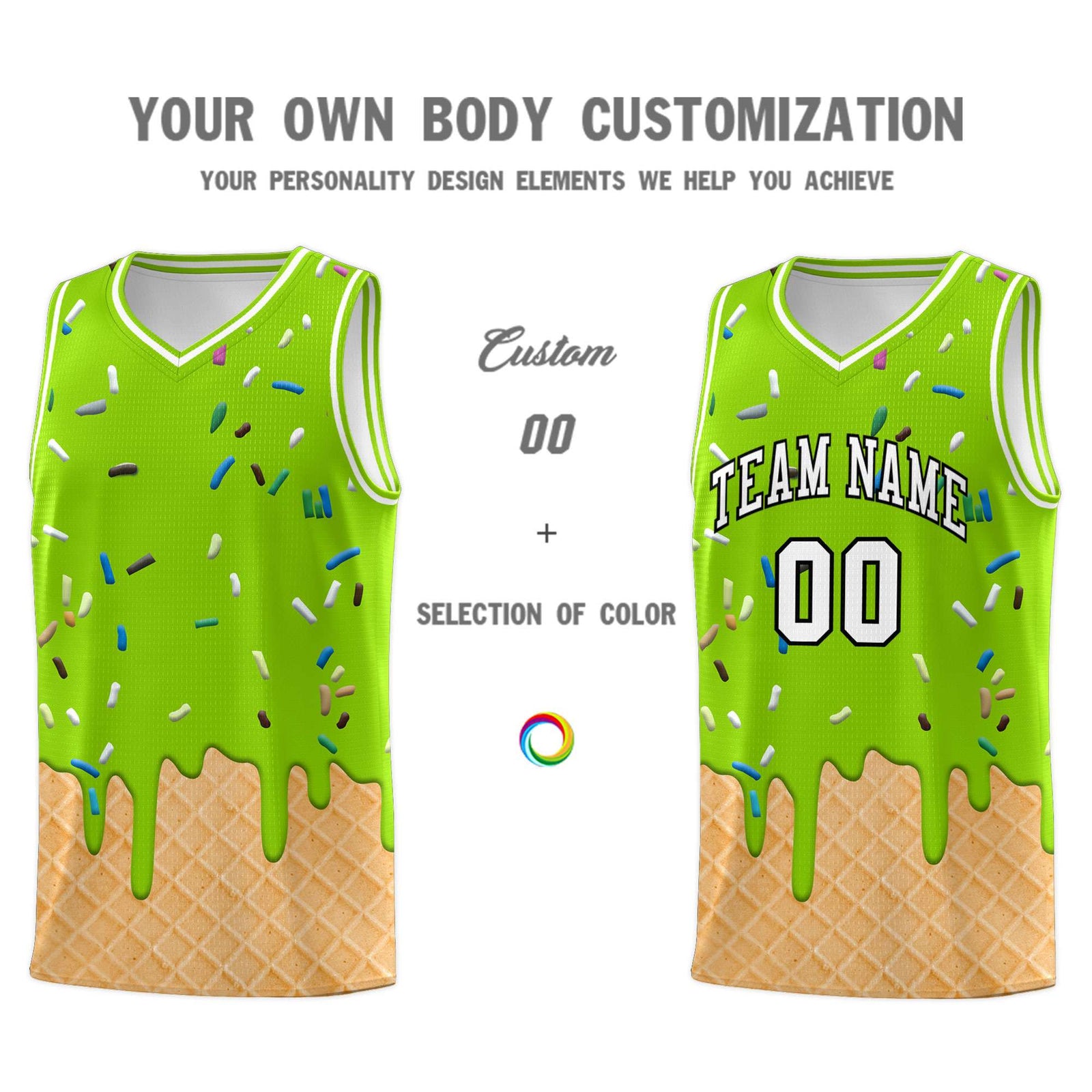 Custom Neon Green Basketball Kits with Ice Cream Element Pattern