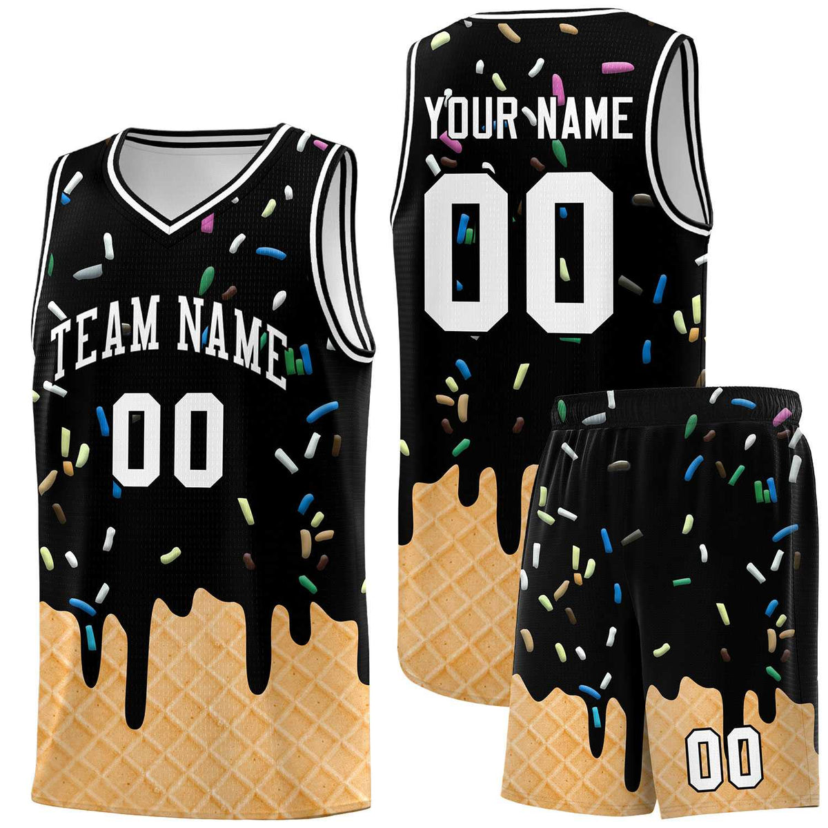 Custom Black Basketball Kits with Ice Cream Element Pattern