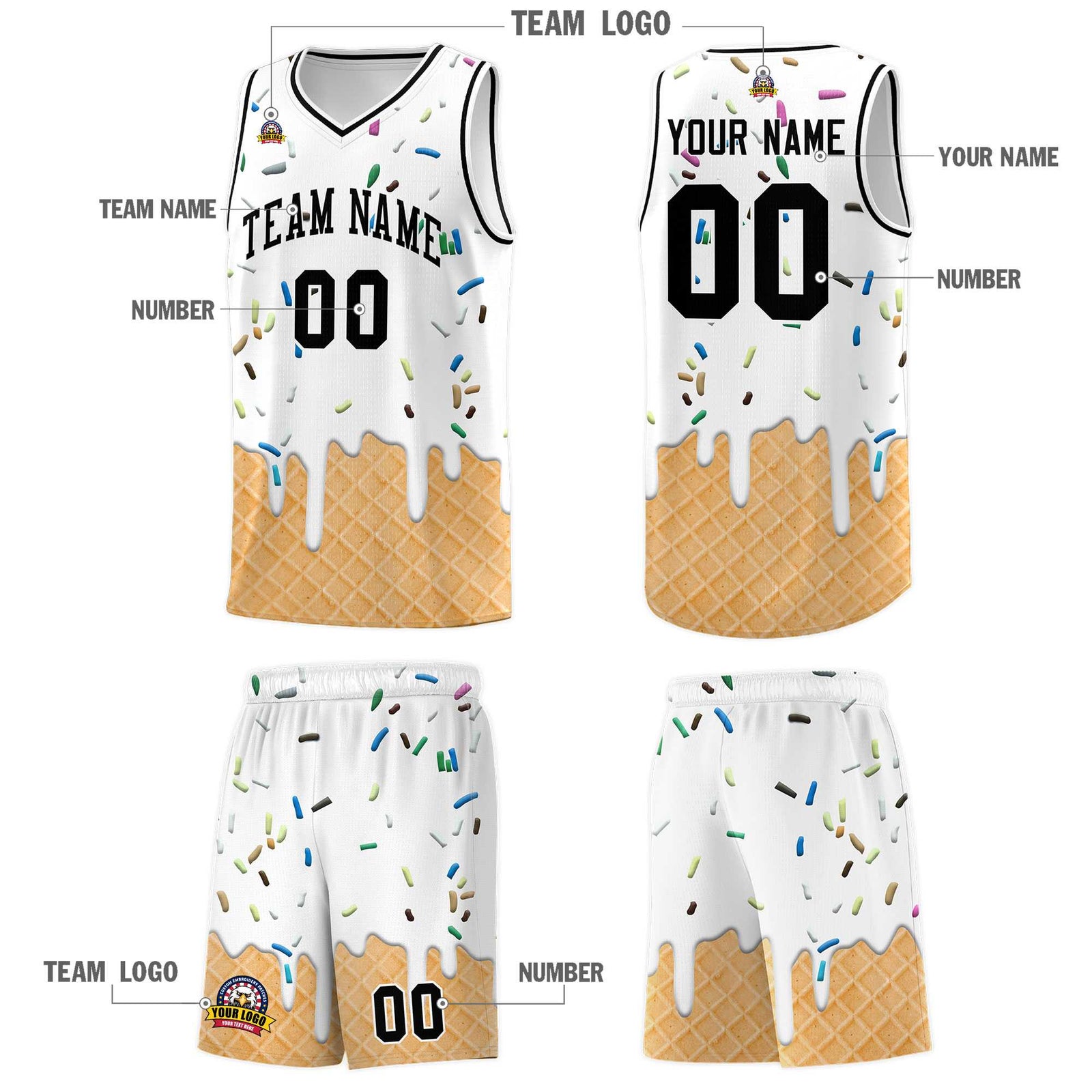 Custom White Basketball Kits with Ice Cream Element Pattern
