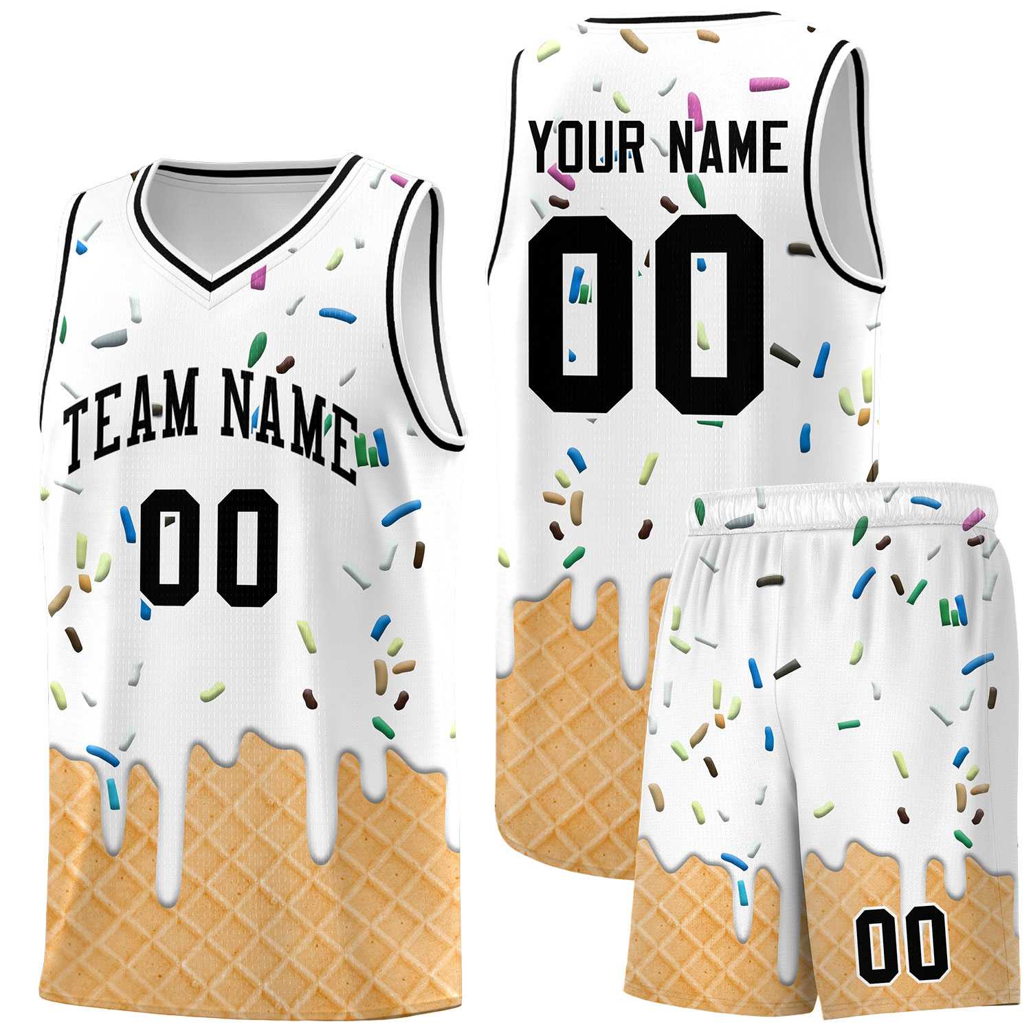 Custom White Basketball Kits with Ice Cream Element Pattern