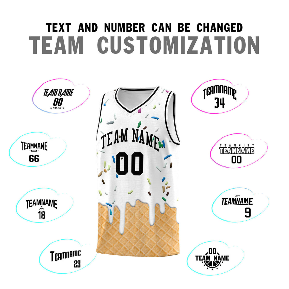Custom White Basketball Kits with Ice Cream Element Pattern