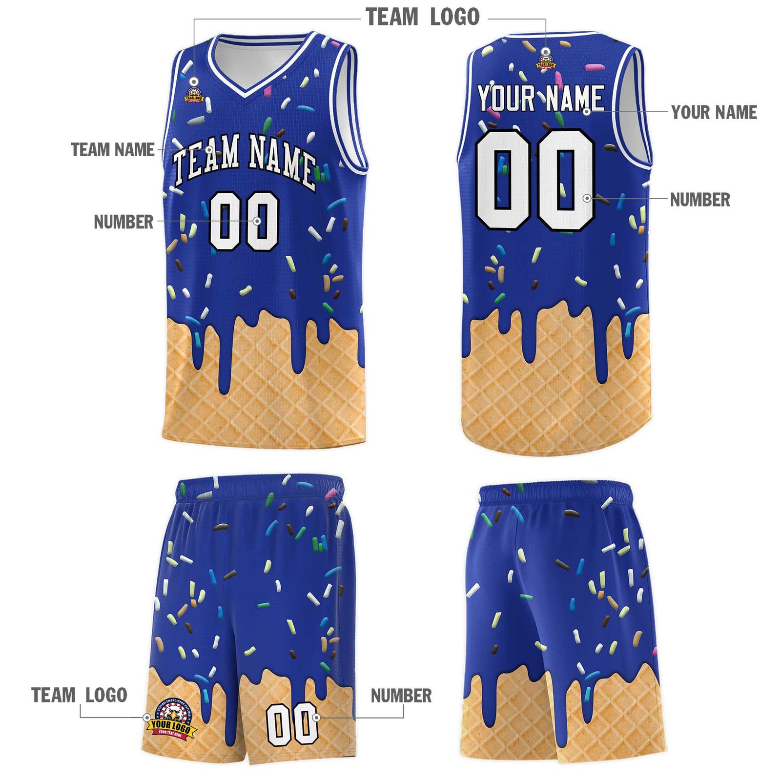 Custom Royal Blue Basketball Kits with Ice Cream Element Pattern