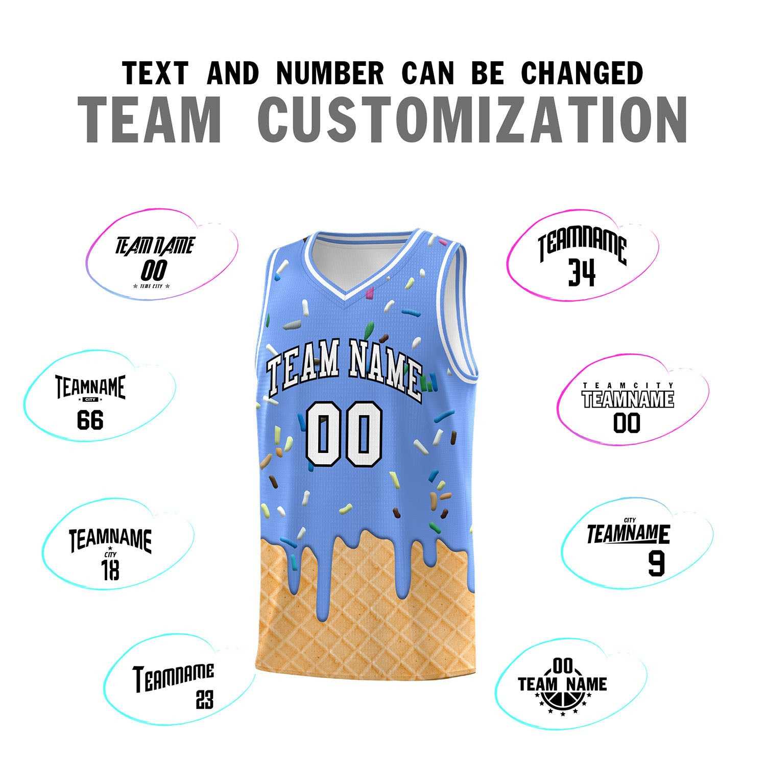 Custom Light Blue Basketball Kits with Ice Cream Element Pattern
